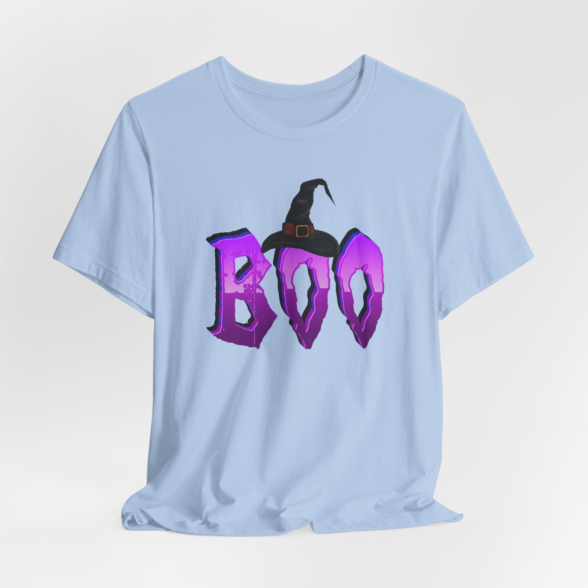 Light blue t-shirt with 'BOO' and witch hat graphic on a white background