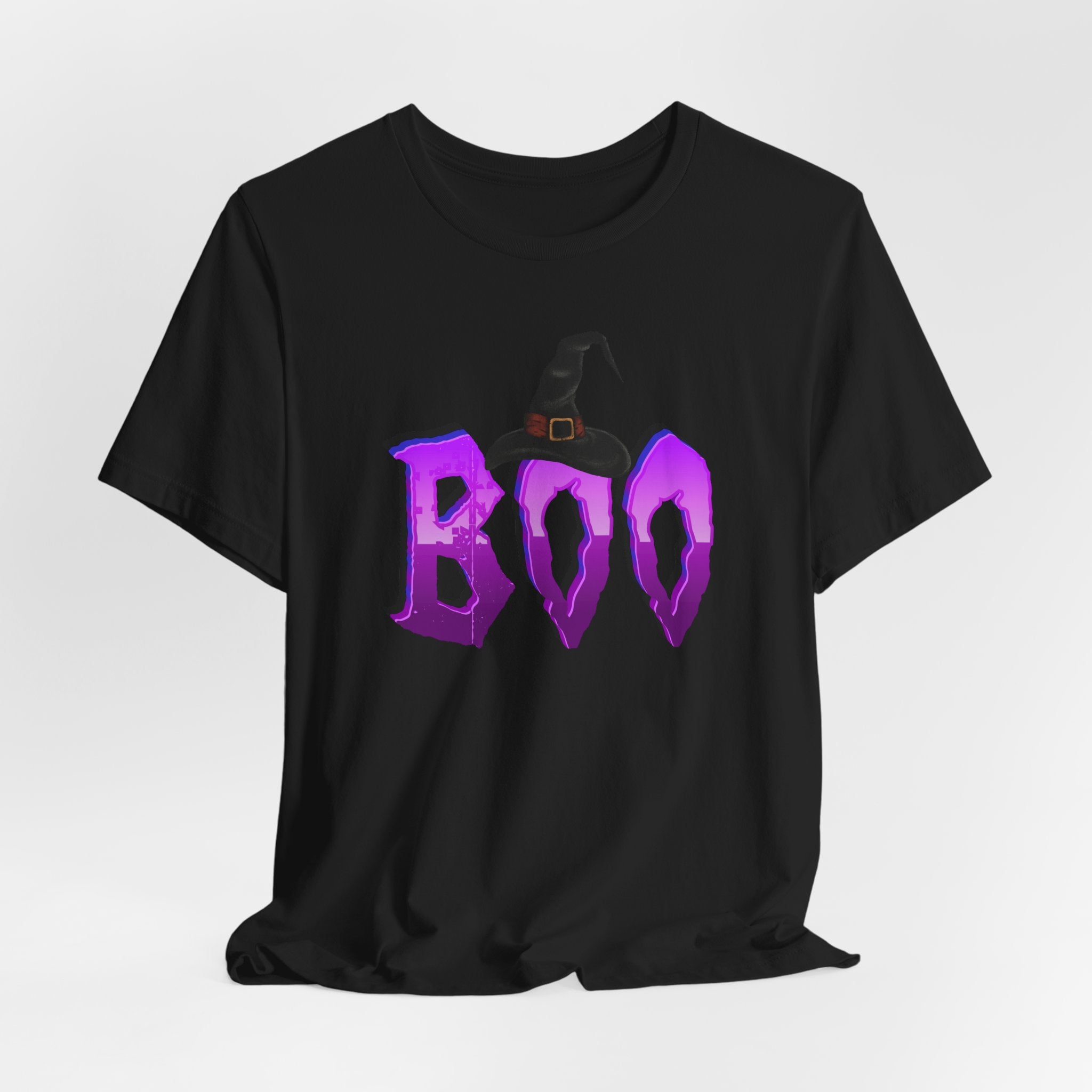 Black t-shirt with purple 'BOO' text and witch hat design on a white background