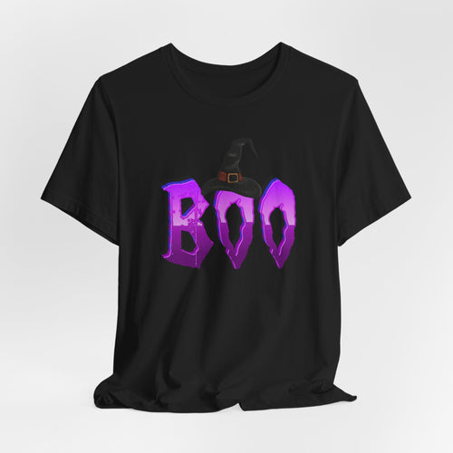 Black t-shirt with purple 'BOO' text and witch hat design on a white background