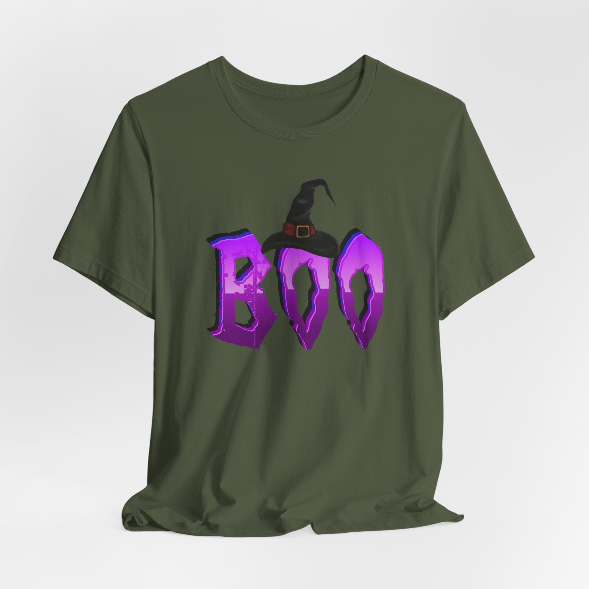 Military green t-shirt with purple 'BOO' text and witch hat graphic on a white background