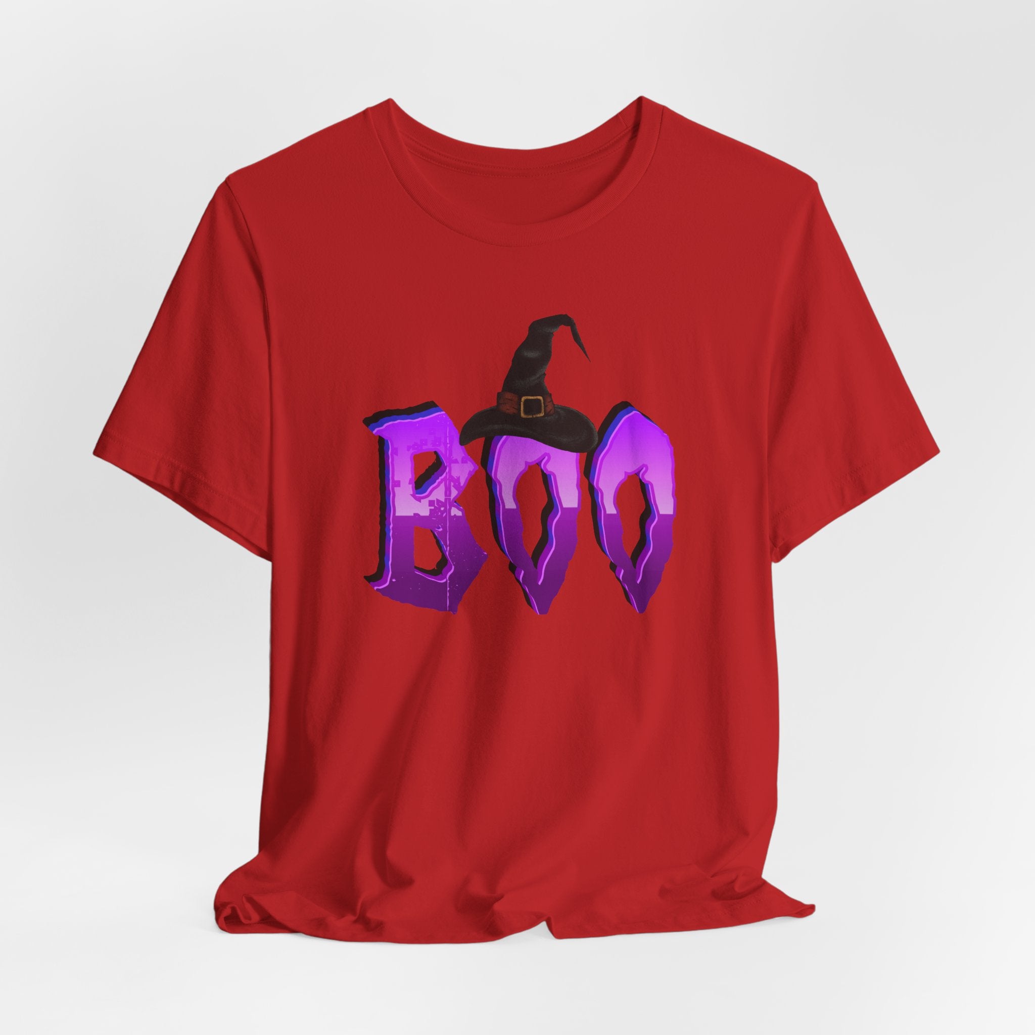 Red t-shirt with purple 'BOO' text and witch hat design on a white background