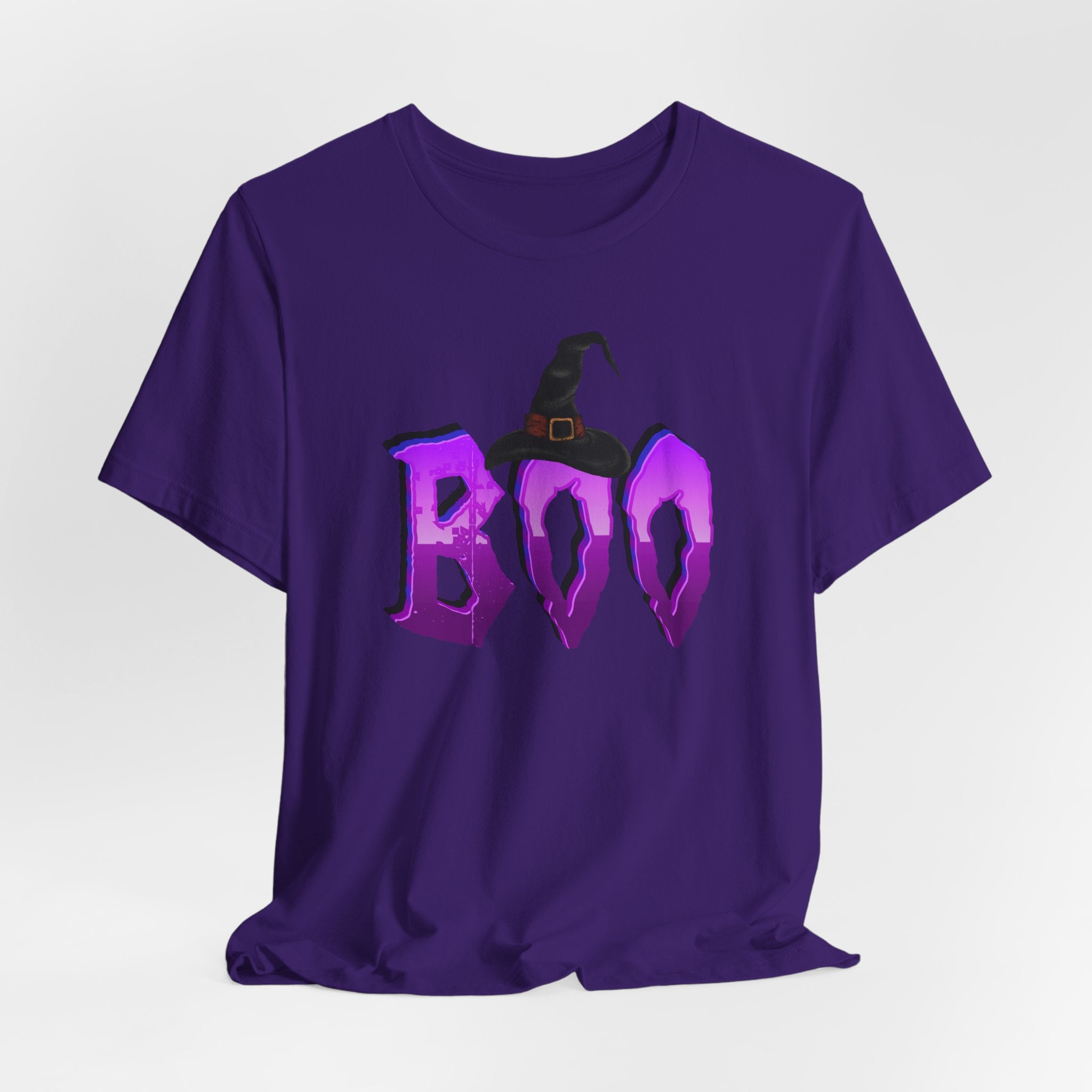 Purple t-shirt with 'BOO' and witch hat design on a white background