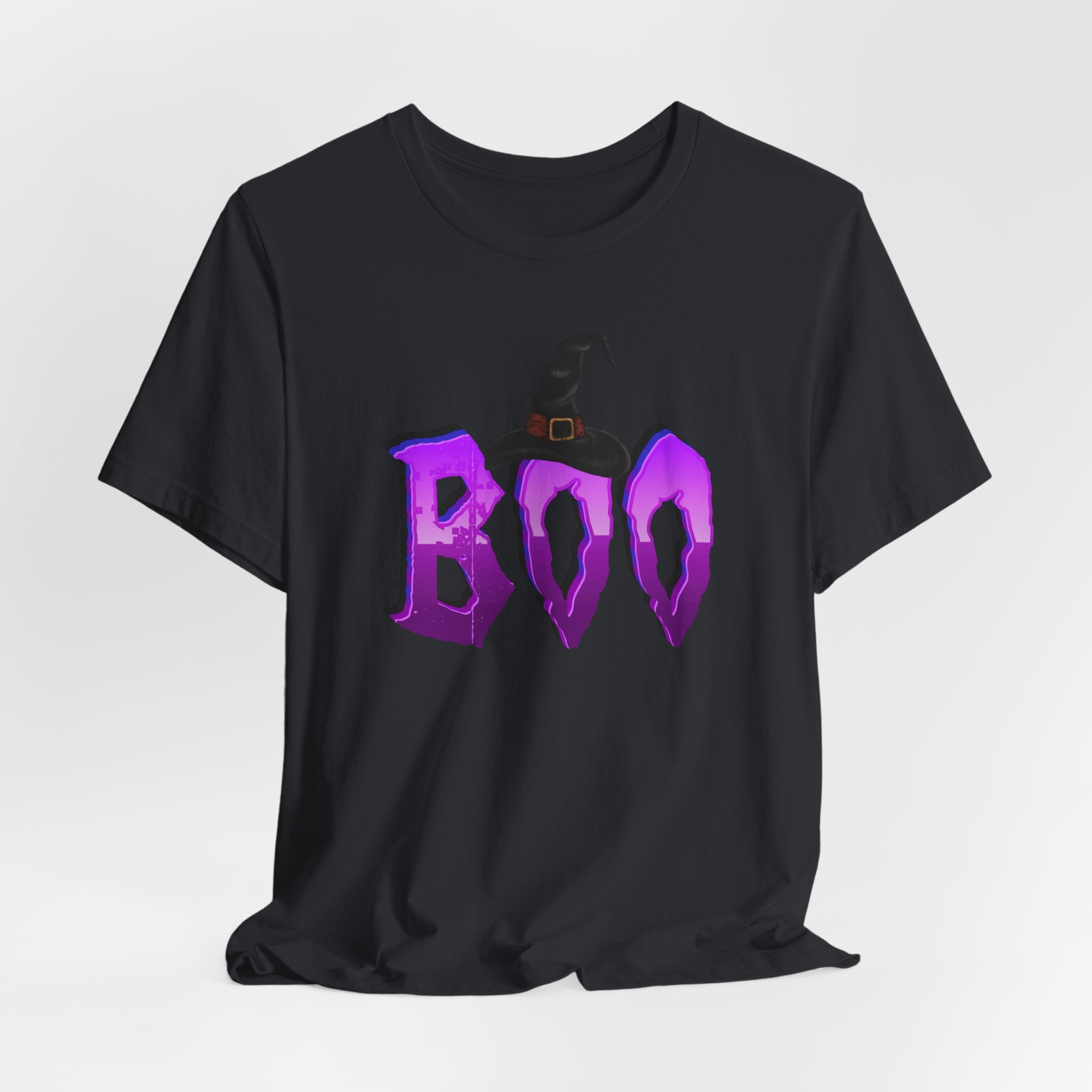 Vintage black t-shirt with purple 'BOO' text and witch hat design on a white background