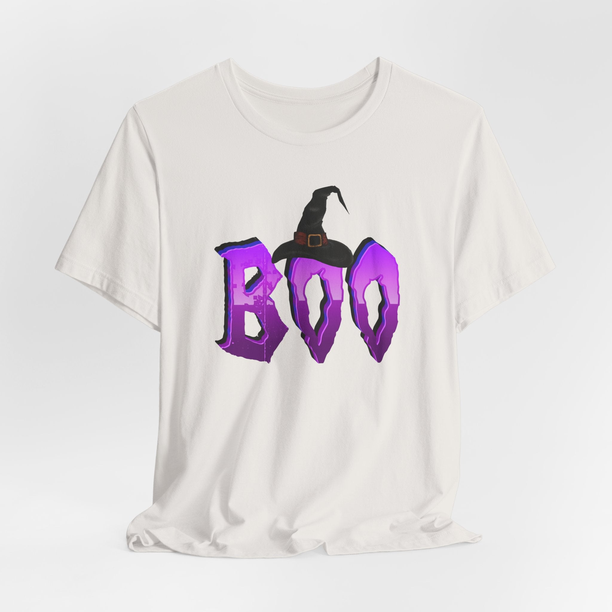 Vintage white t-shirt with purple 'BOO' text and witch hat graphic on a white background