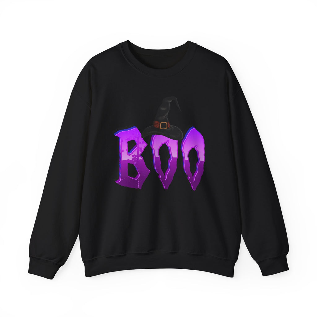 Black sweatshirt with purple 'BOO' text and witch hat design on a white background
