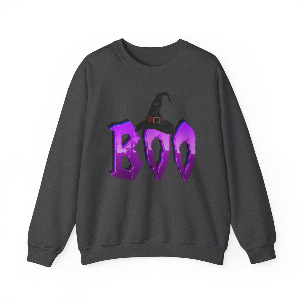 Dark heather gray sweatshirt with purple 'BOO' text and witch hat design on a white background