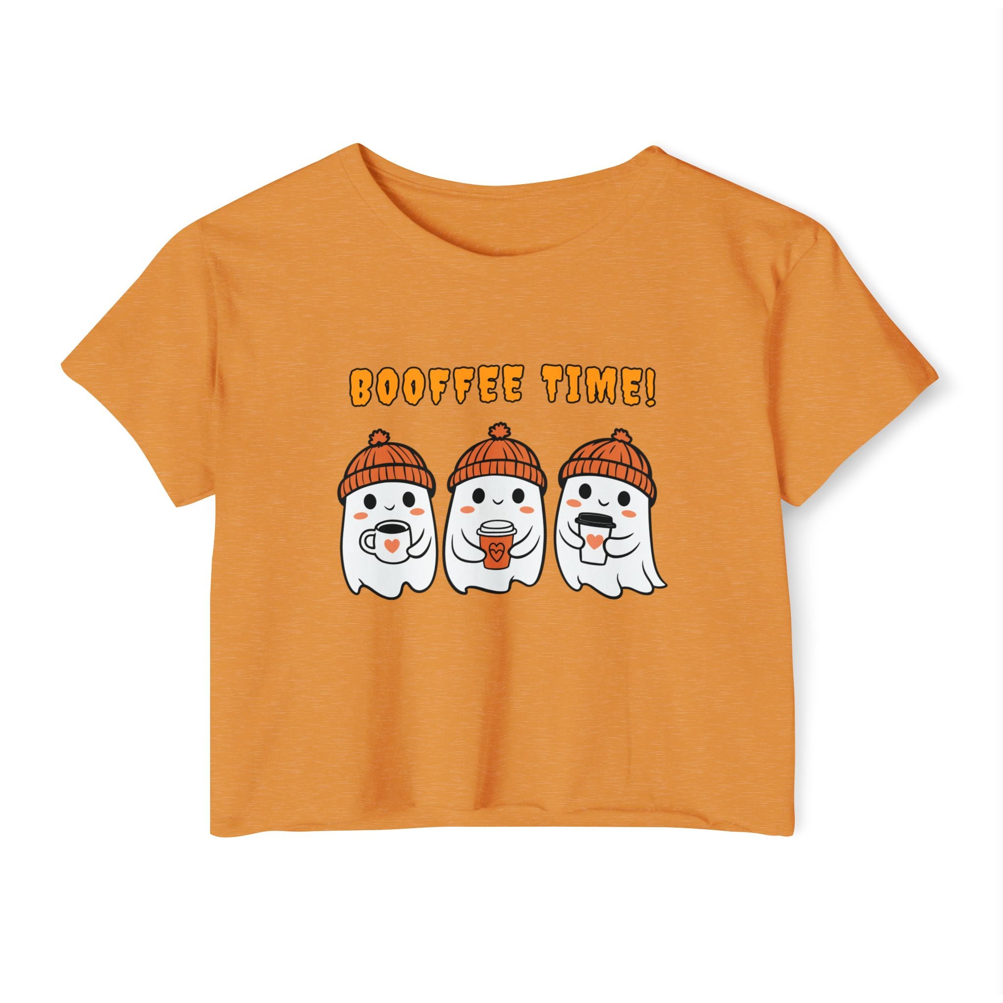 Antique gold orange t-shirt with cartoon ghosts and 'Booffee Time!' text on a white background