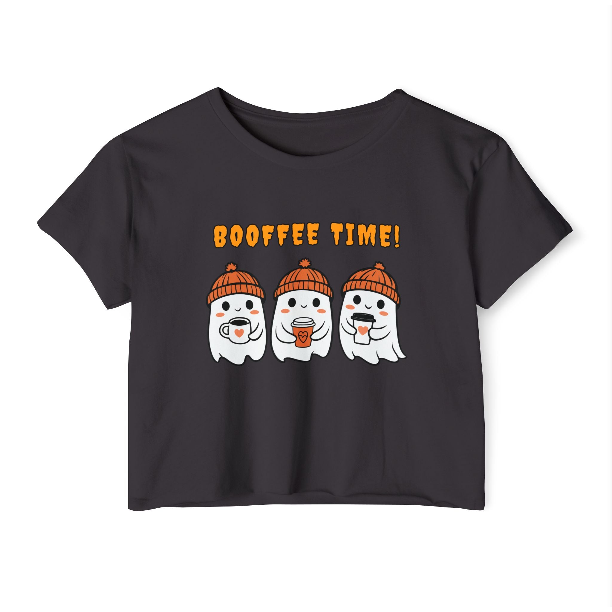Black t-shirt with Halloween-themed design featuring ghosts and 'Booffee Time!' text on a white background.