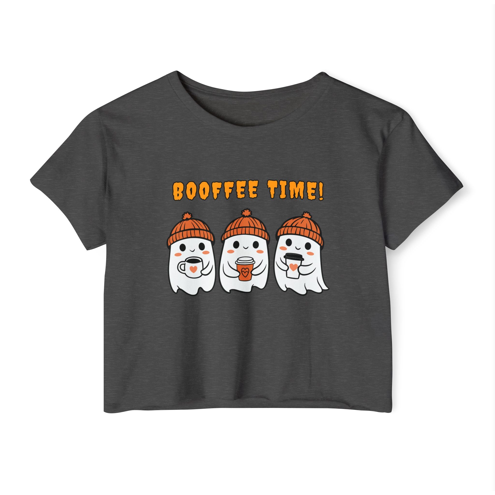 Charcoal gray t-shirt with cartoon ghosts and 'BOOFFEE TIME!' text on a white background