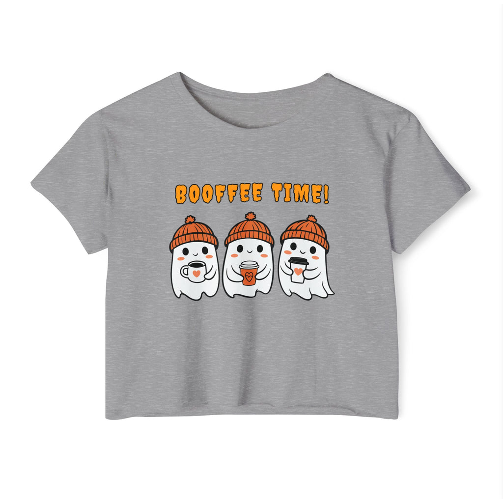 Gray t-shirt with cartoon ghosts and 'Booffee Time!' text on a white background