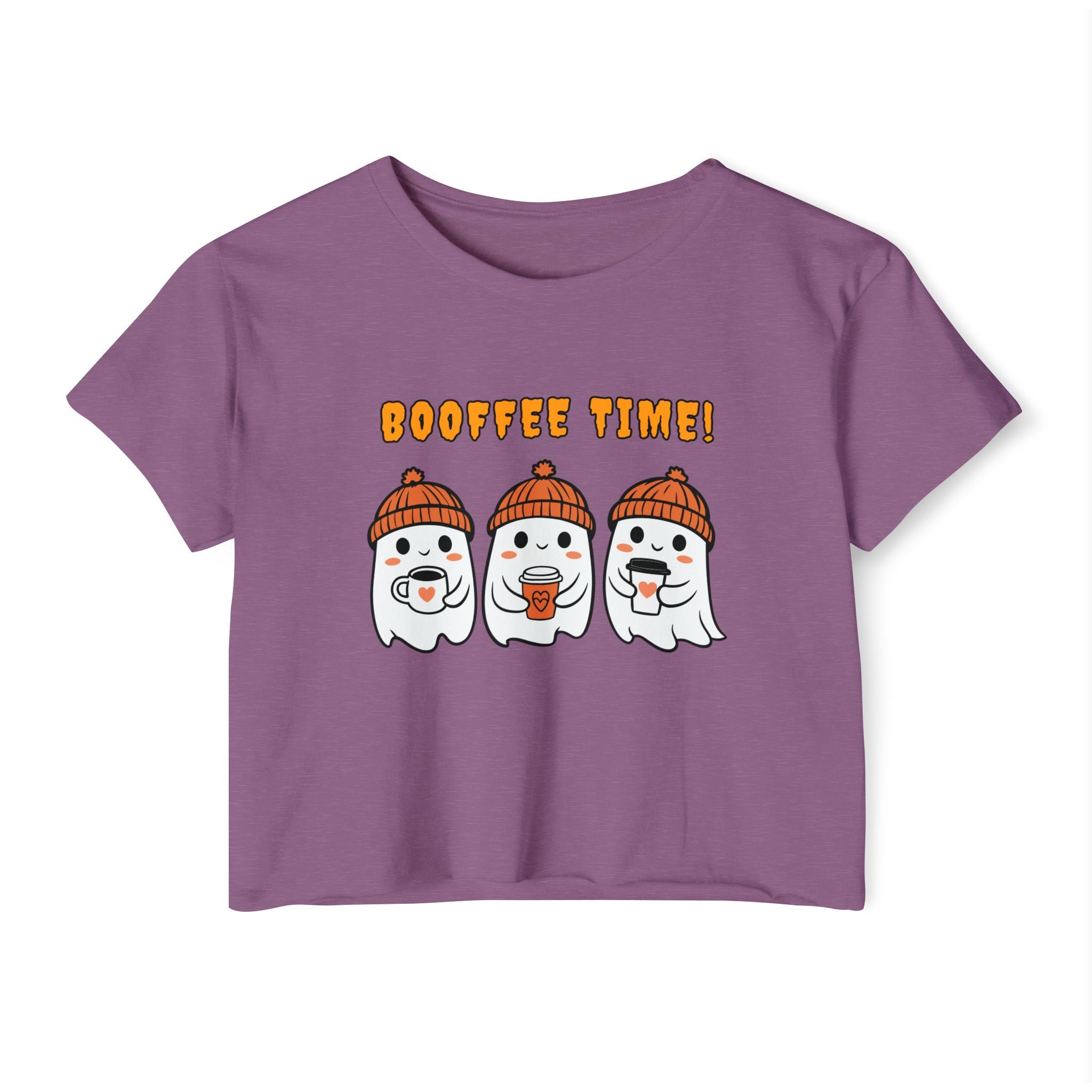 Shiraz purple t-shirt with cartoon ghosts and 'Booffee Time!' text on a white background
