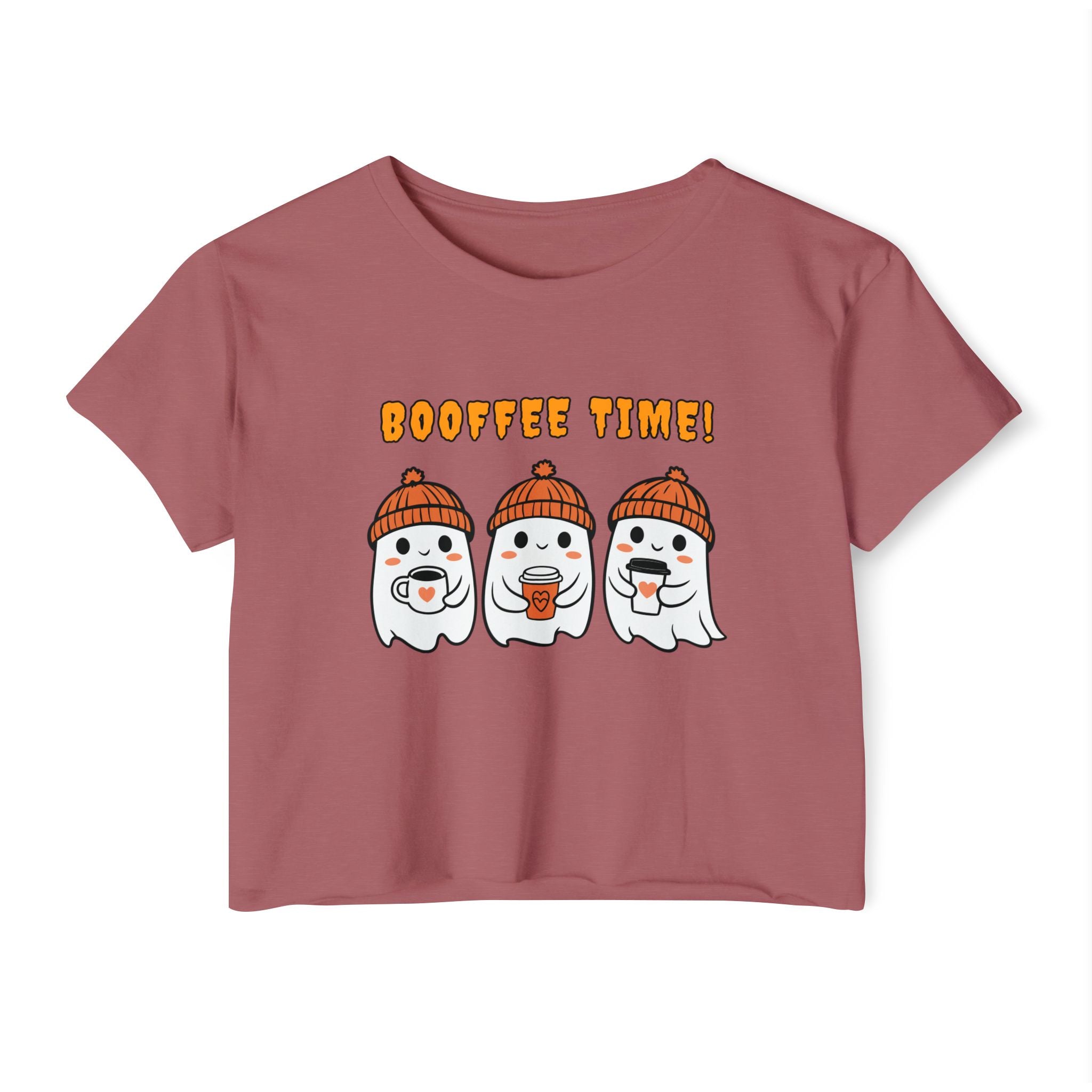 Smoked paprika t-shirt with cartoon ghosts and 'Booffee Time!' text on a white background