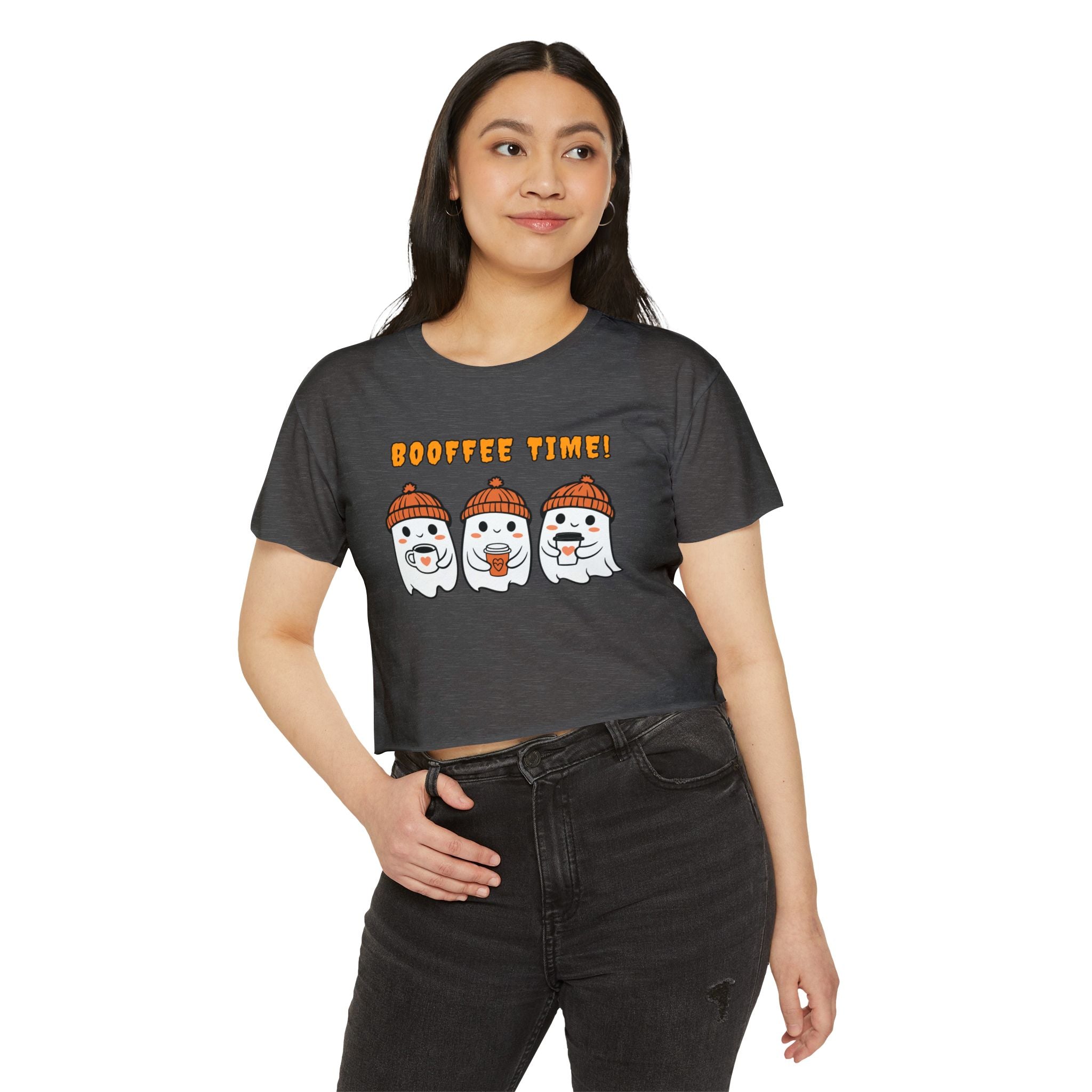 Woman wearing a dark gray t-shirt with 'BOOTFEE TIME!' and ghost graphics on a white background