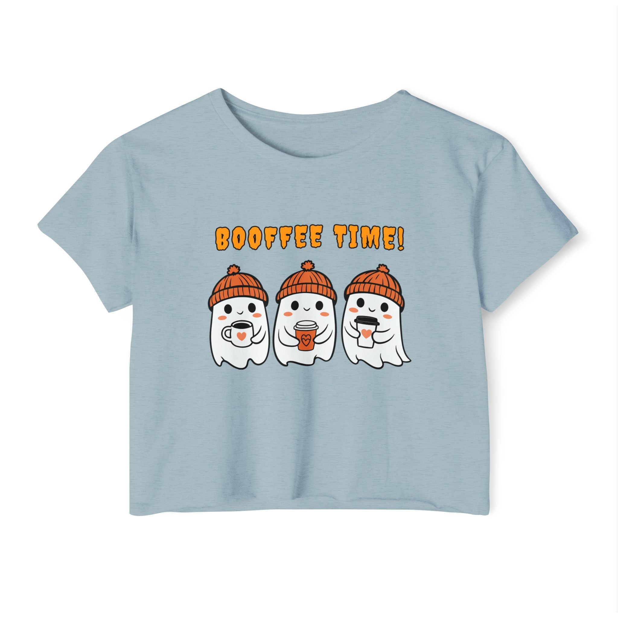 Stonewash denim light blue t-shirt with cartoon ghosts and 'Booffee Time!' text on a white background