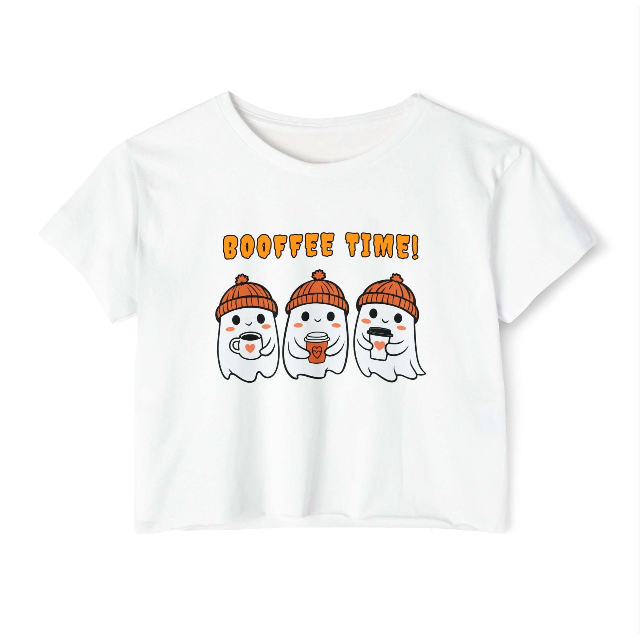 White t-shirt with cartoon ghosts wearing beanies and drinking coffee, text 'BOOFFEE TIME!' on a white background.