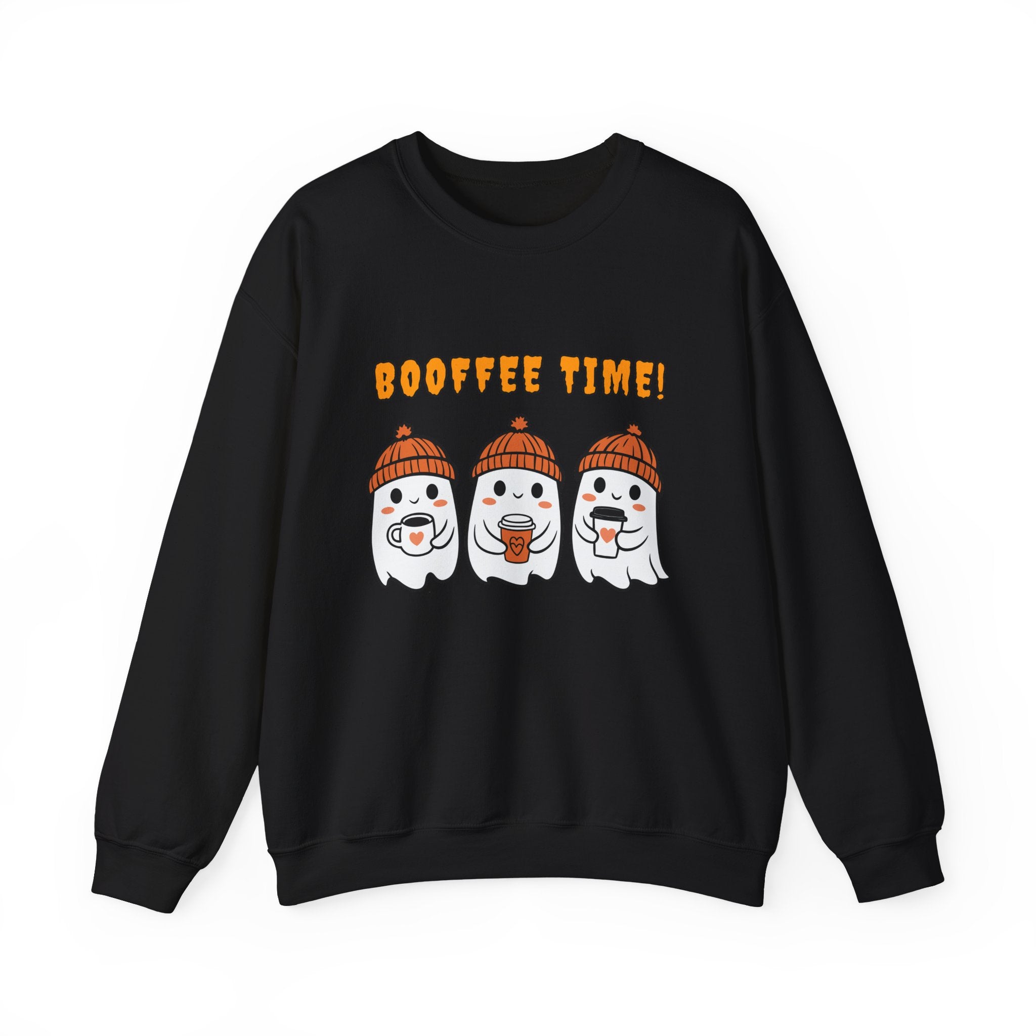 Black sweatshirt with cartoon ghosts and 'BOOFFEE TIME!' text on a white background