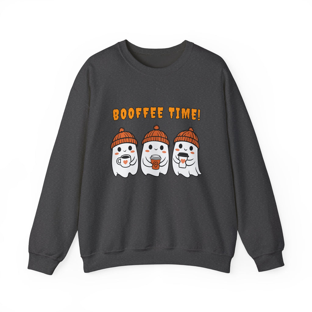 Dark heather gray sweatshirt with cartoon ghosts and 'BOOFFEE TIME!' text on a white background