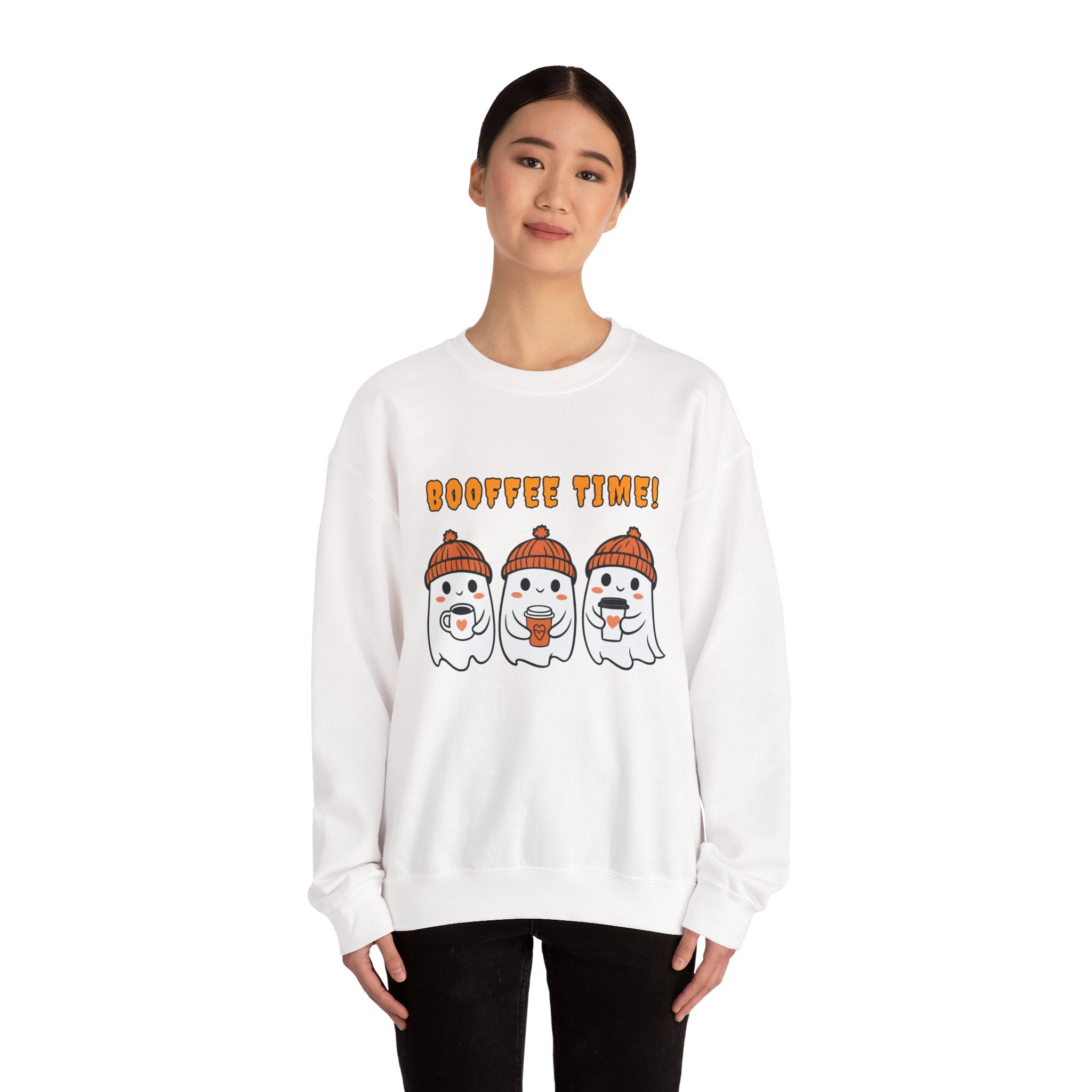 White sweatshirt with cartoon ghosts and 'Booffee Time!' text worn by a model on a white background