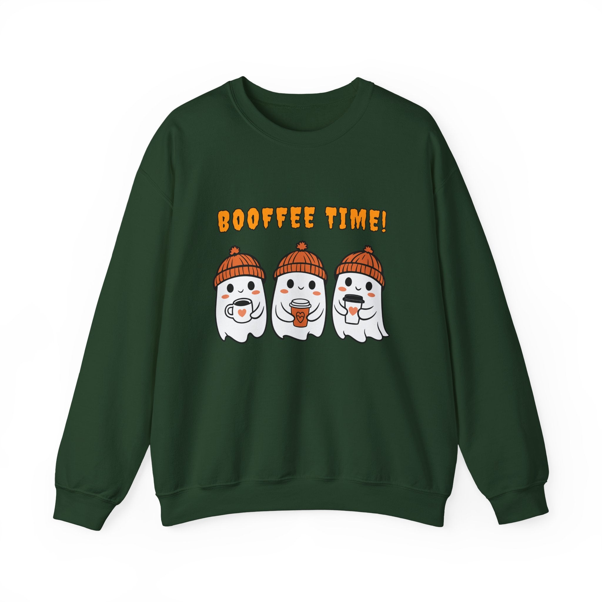 Forest green sweatshirt with cartoon ghosts and 'BOOFFEE TIME!' text on a white background