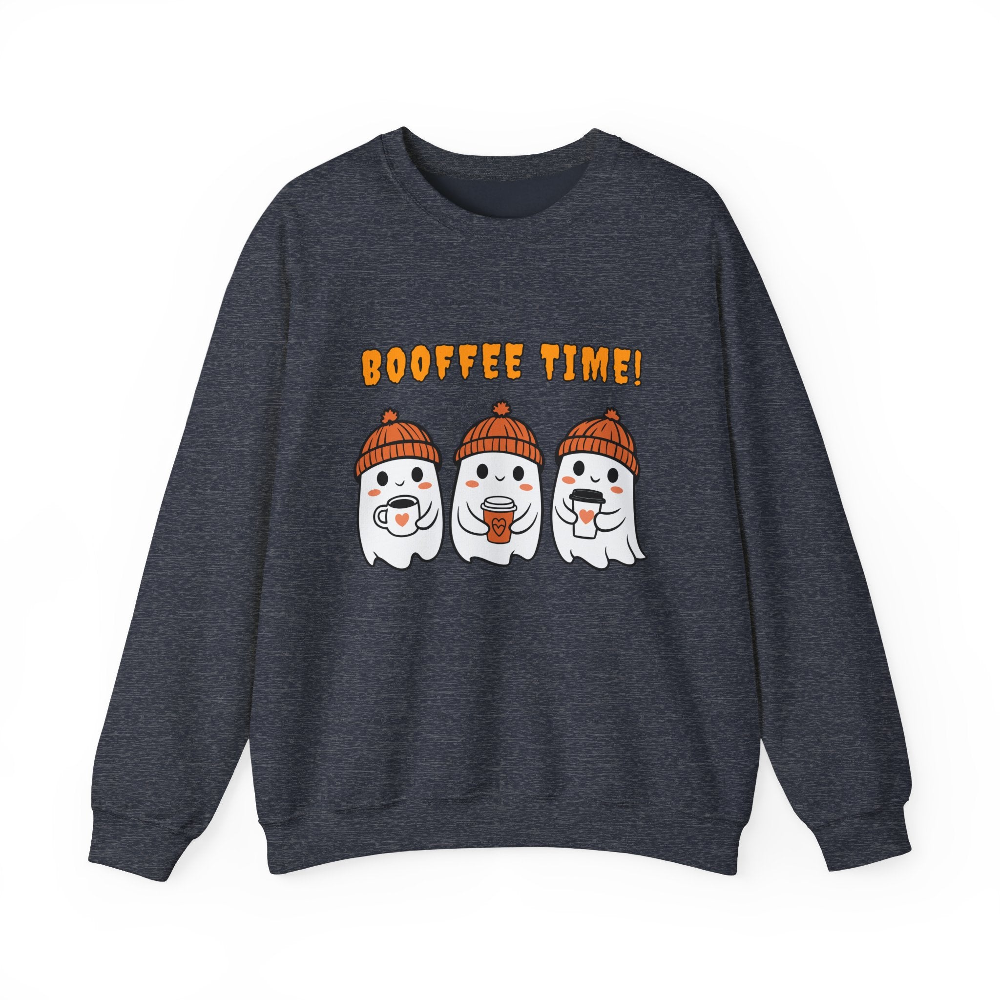 Heather sport dark navy gray sweatshirt with cartoon ghosts and 'BOOFFEE TIME!' text on a white background