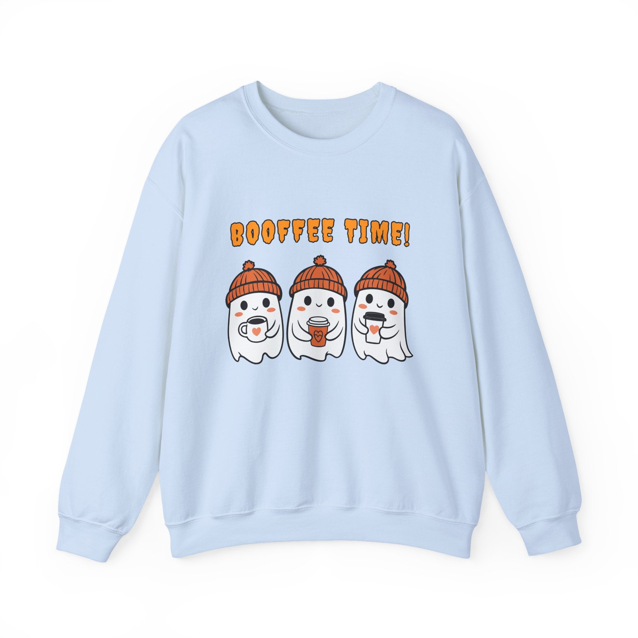 Light blue sweatshirt with cartoon ghosts and 'Booffie Time!' text on a white background