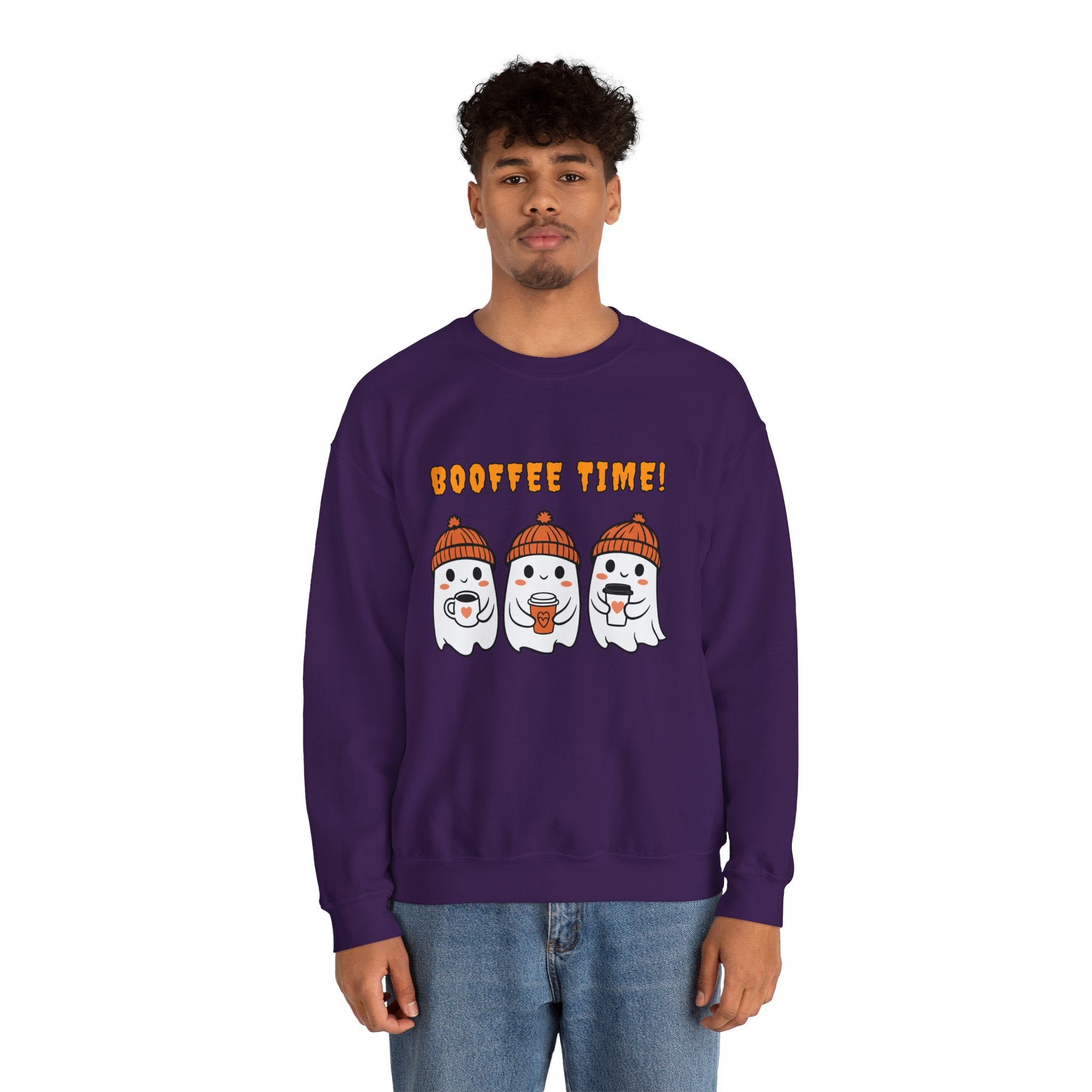 Person wearing a purple sweatshirt with ghost graphics and 'Boo fie Time!' text on a white background