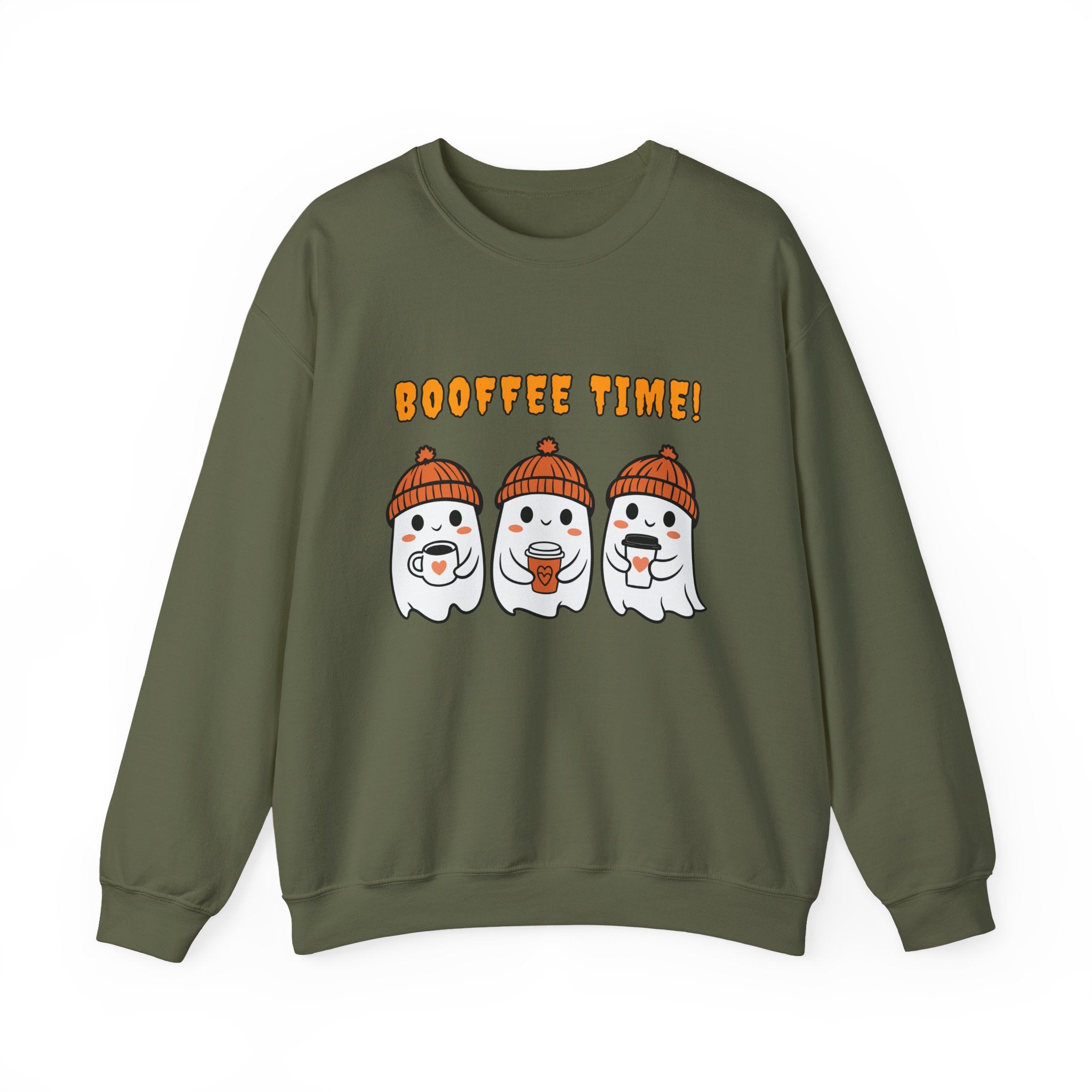 Military green sweatshirt with cartoon ghosts and 'BOOFFEE TIME!' text on a white background