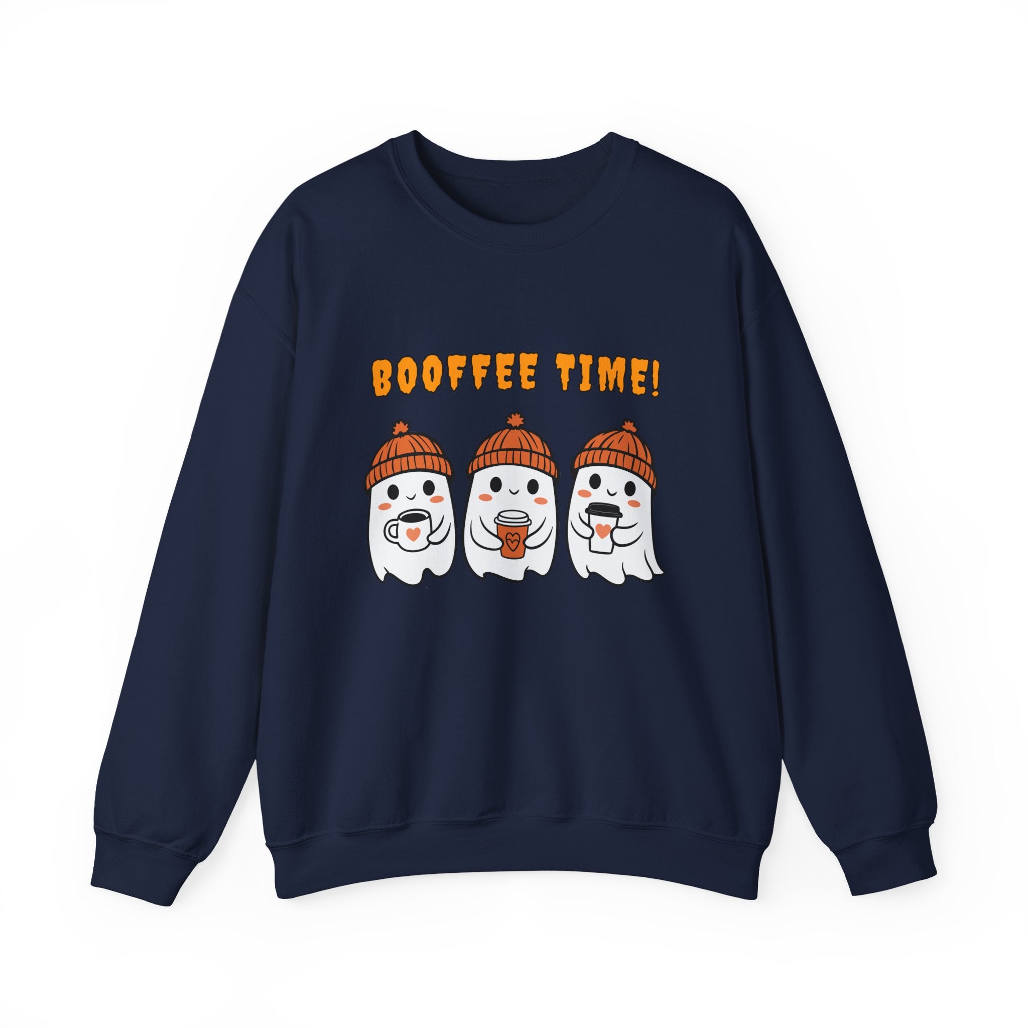 Navy blue sweatshirt with cartoon ghosts and 'BOOFFEE TIME!' text on a white background
