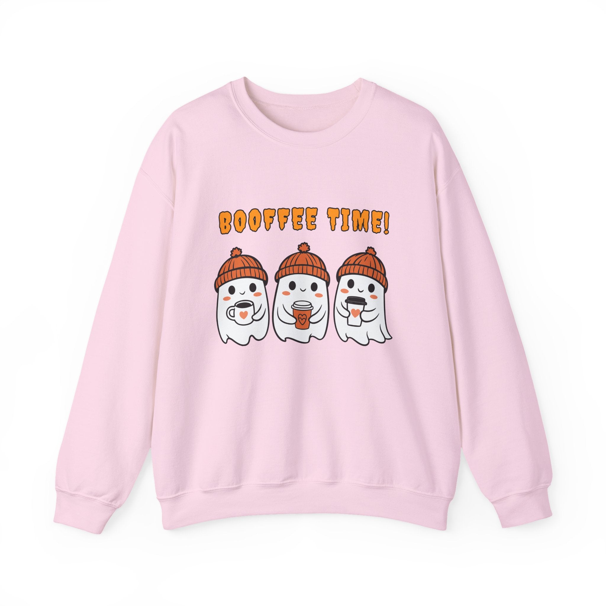 Pink sweatshirt with cartoon ghosts and 'Booffie Time!' text on a white background