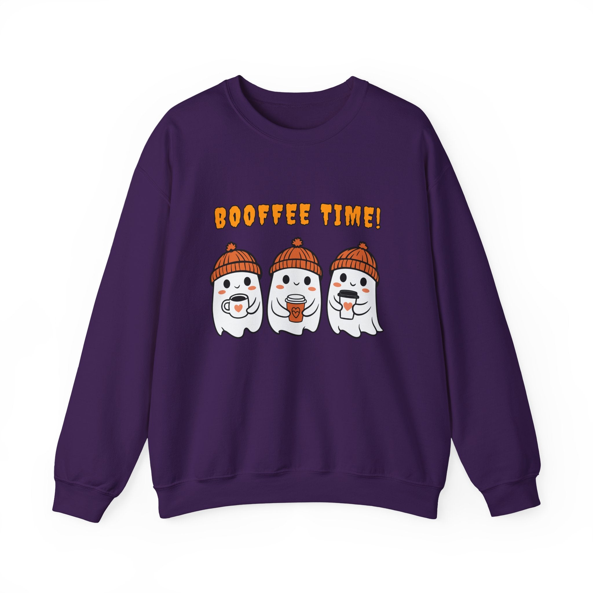 Purple sweatshirt with cartoon ghosts and 'BOOFFEE TIME!' text on a white background