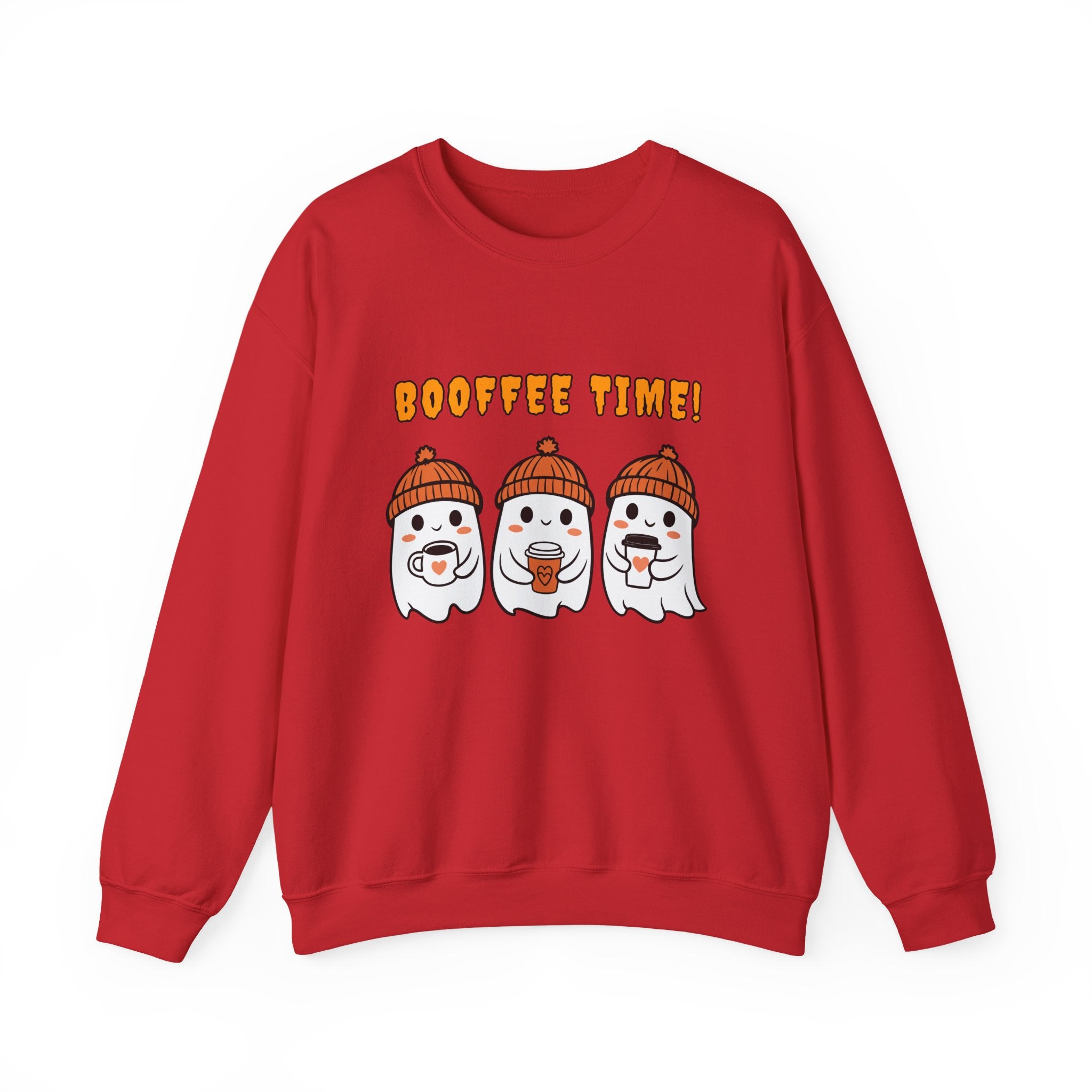 Red sweatshirt with cartoon ghosts and 'BOOFFEE TIME!' text on a white background