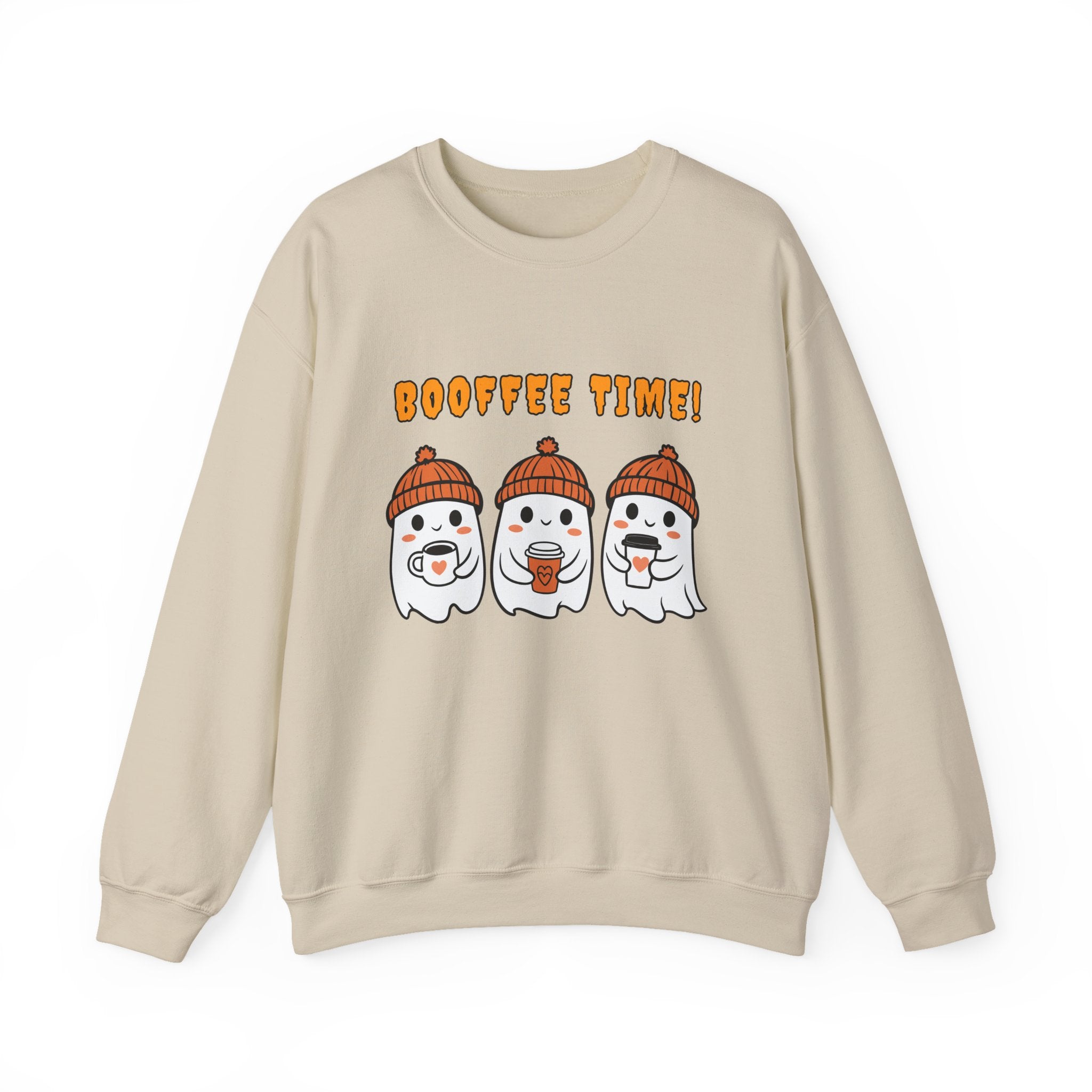 Beige sweatshirt with cartoon ghosts and 'Booffee Time!' text on a white background