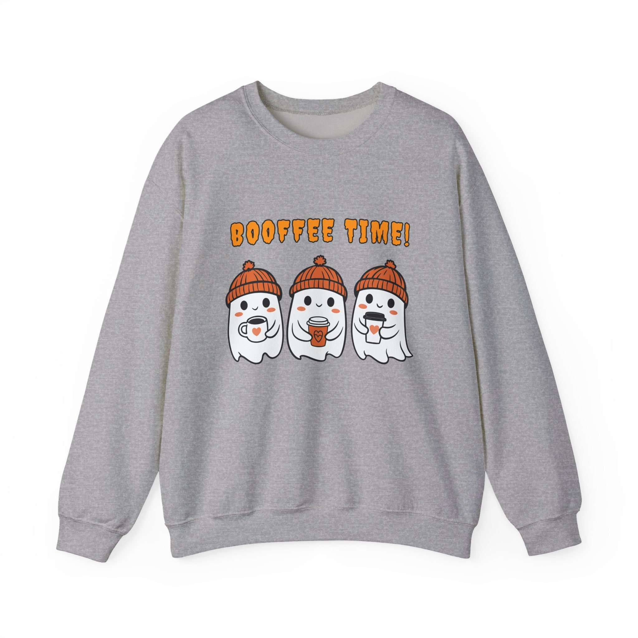 Gray sweatshirt with cartoon ghosts and 'BOOFFEE TIME!' text on a white background