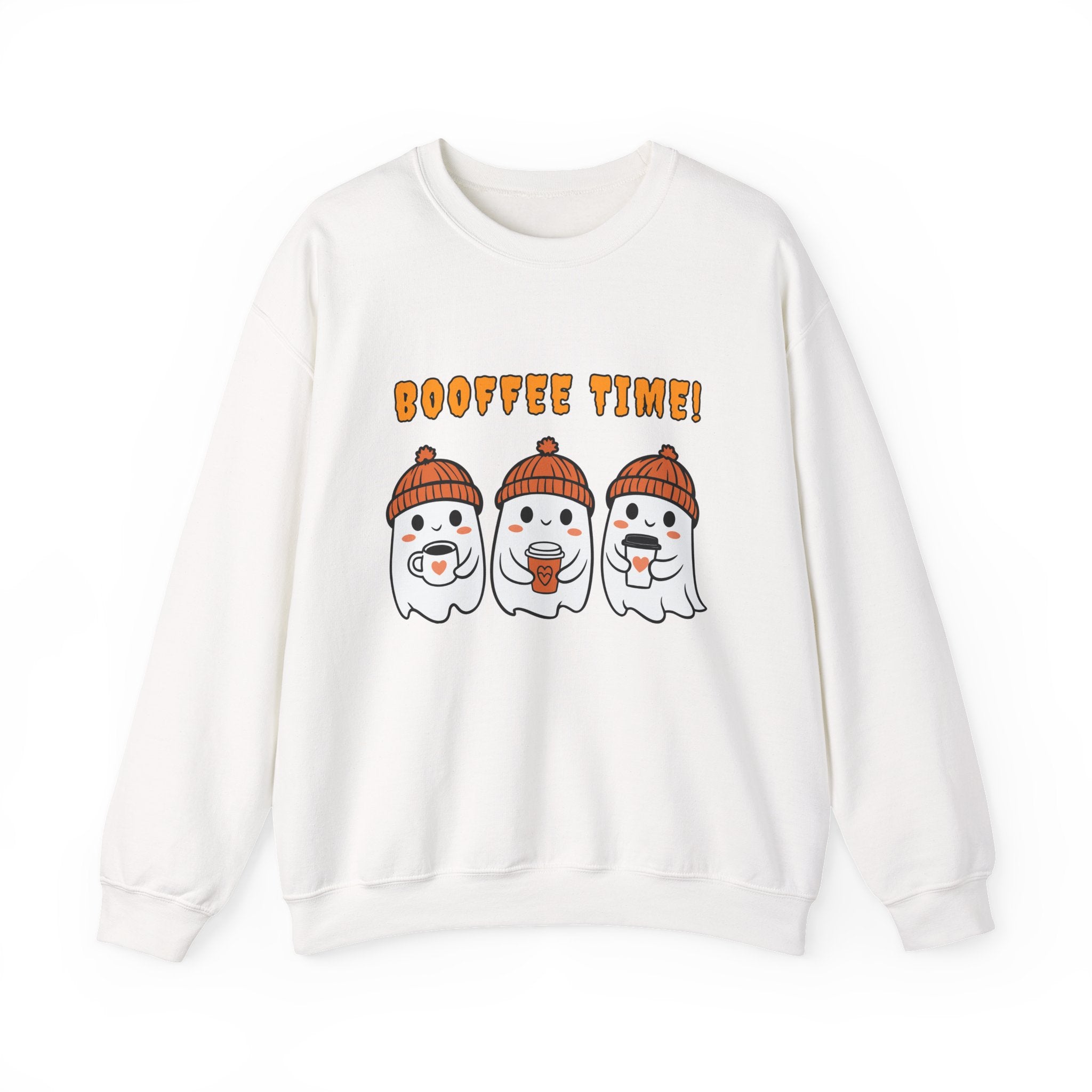 White sweatshirt with cartoon ghosts and 'Booffee Time!' text on a white background