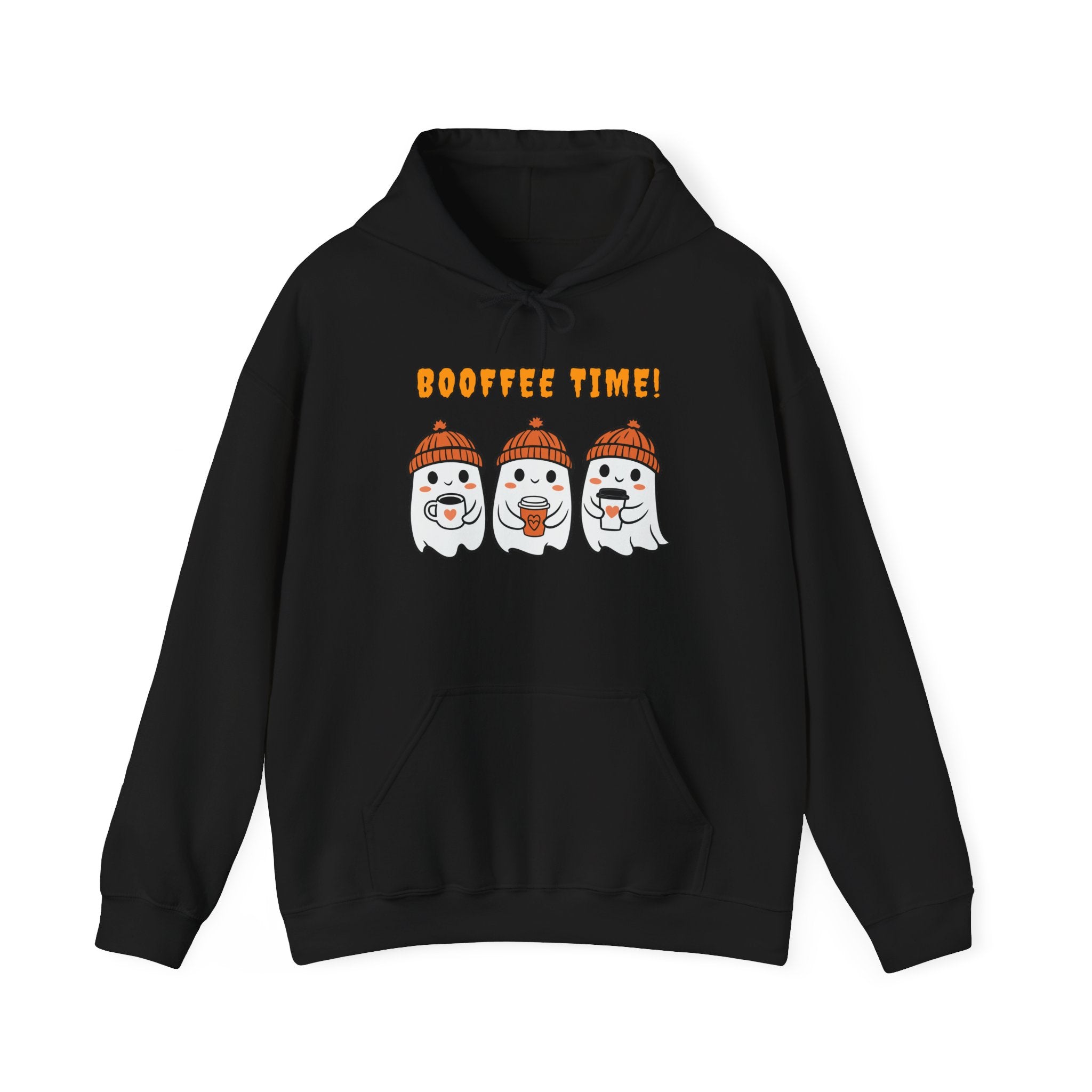 Black hoodie with cartoon ghosts and 'Booffee Time!' text on a white background