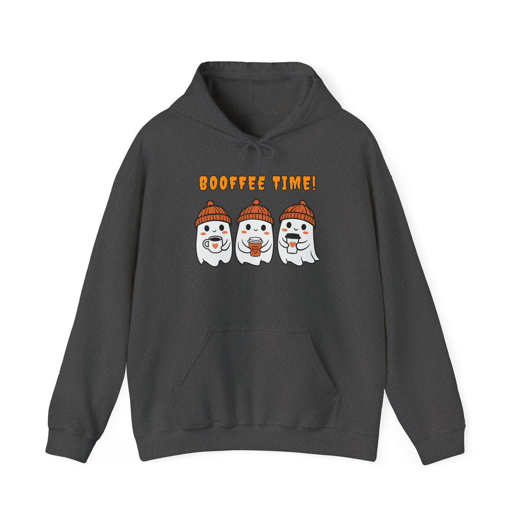 Dark gray hoodie with 'Boo fie Time!' text and ghost graphics on a white background