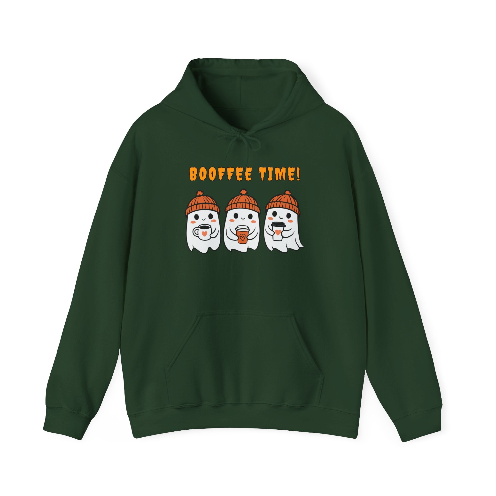 Forest green hoodie with cartoon ghosts and 'Boooffee Time!' text on a white background