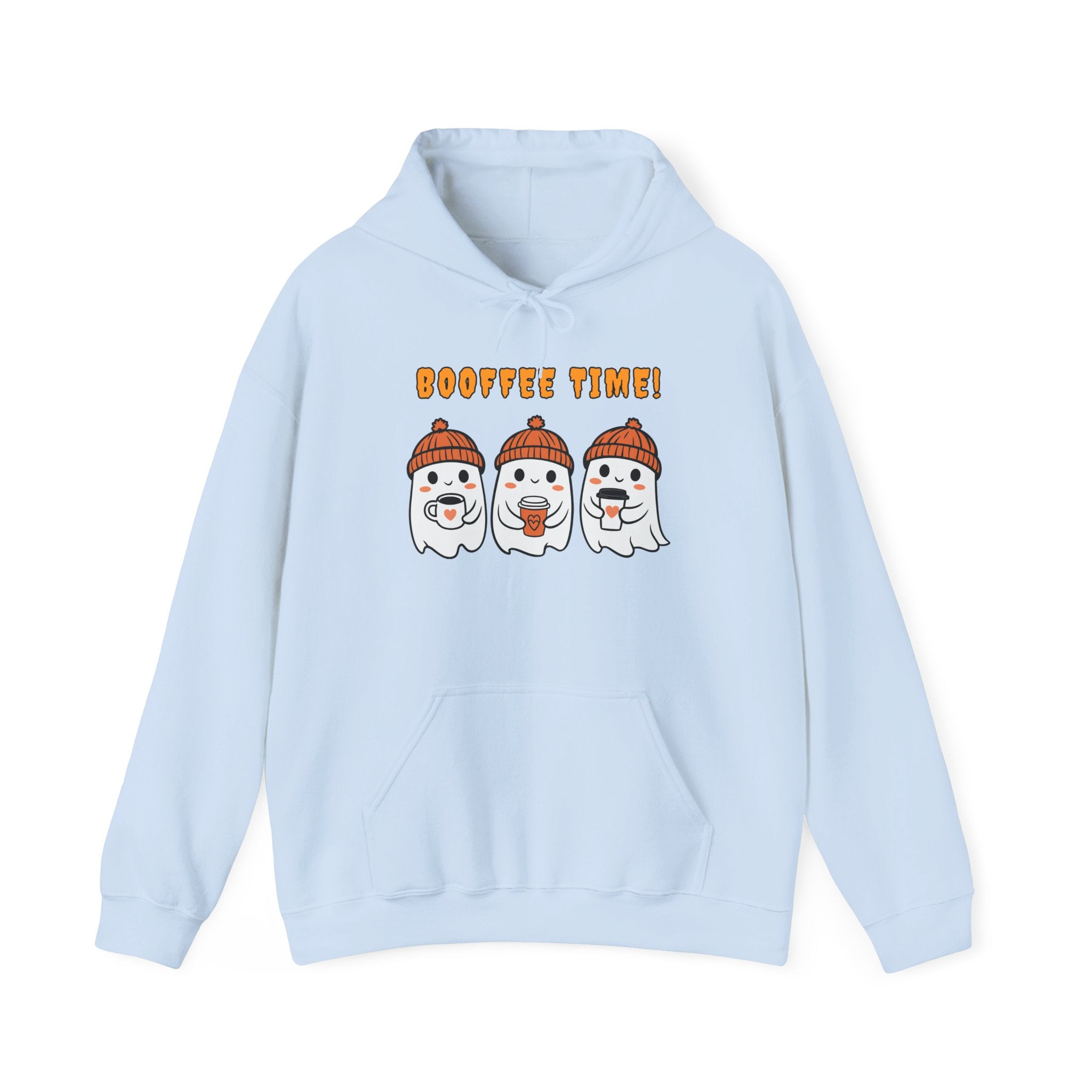 Light blue hoodie with cartoon ghosts and 'Pooffee Time!' text on a white background