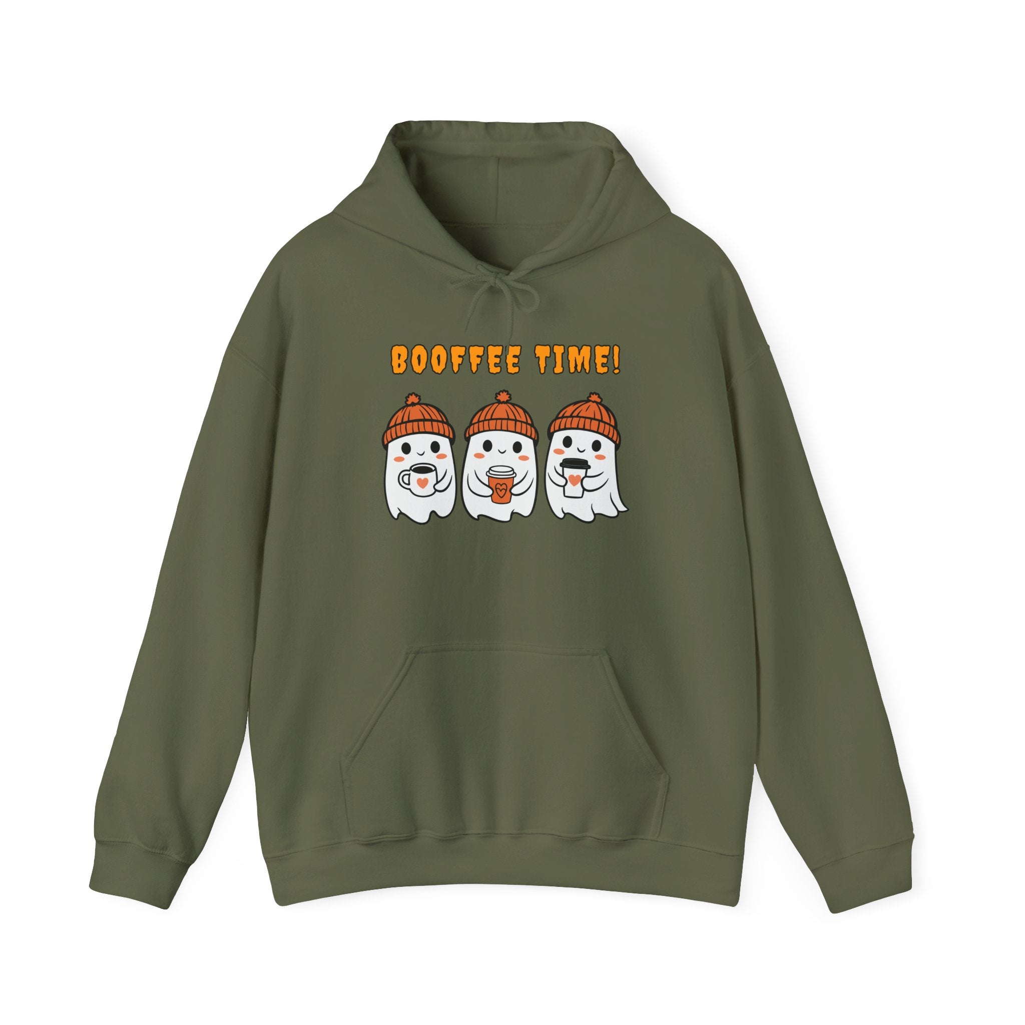 Military green hoodie with cartoon ghosts and 'Boo fie Time!' text on a white background