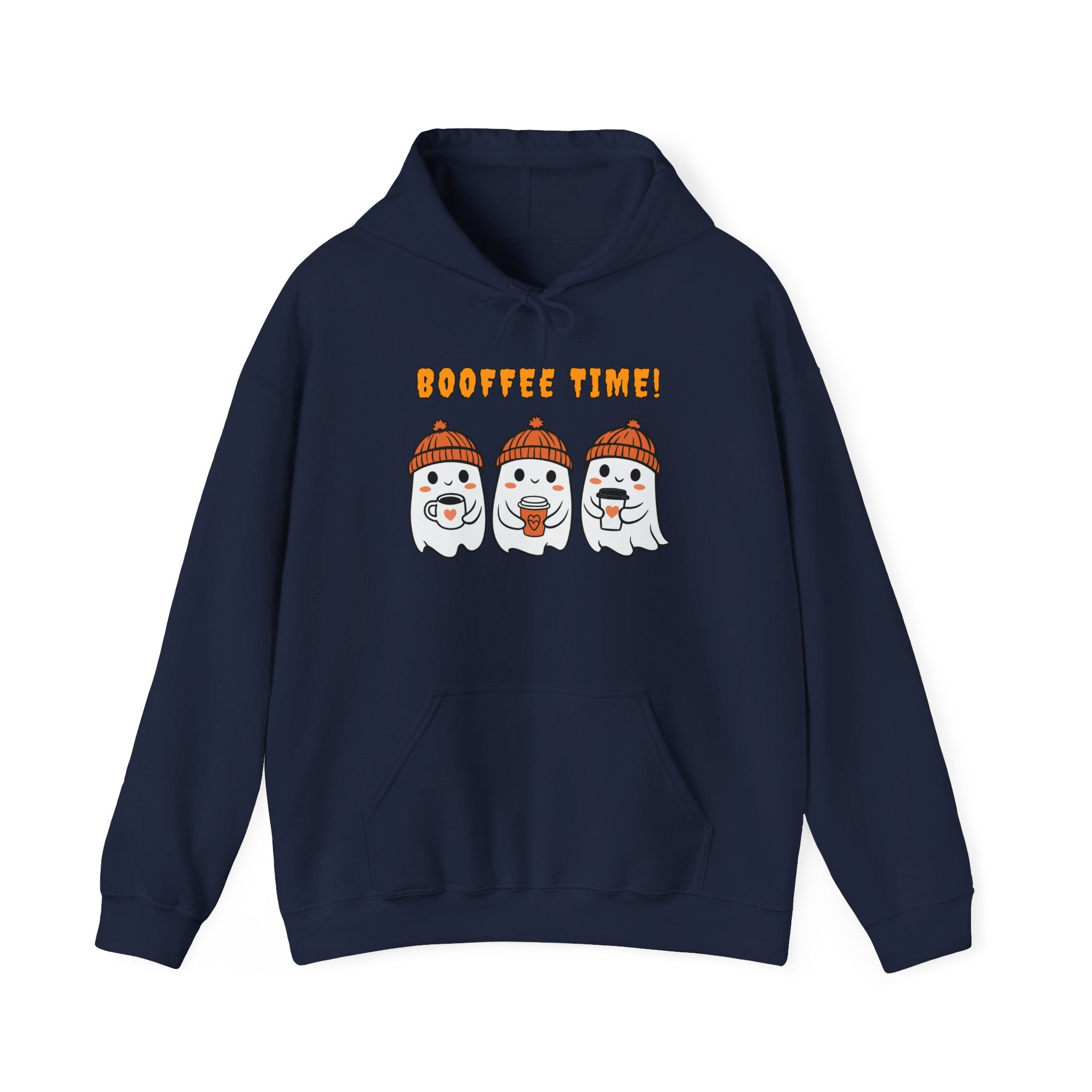 Navy blue hoodie with 'Booffee Time!' text and ghost graphics on a white background