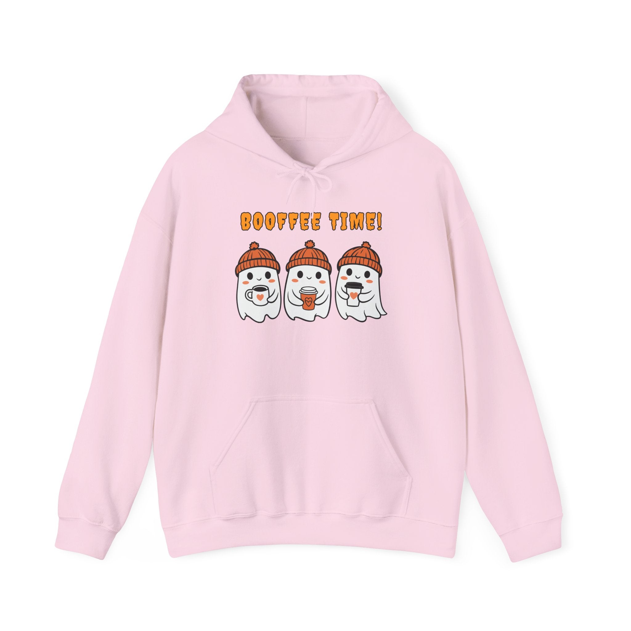 Pink hoodie with cartoon ghosts and 'Booffee Time!' text on a white background