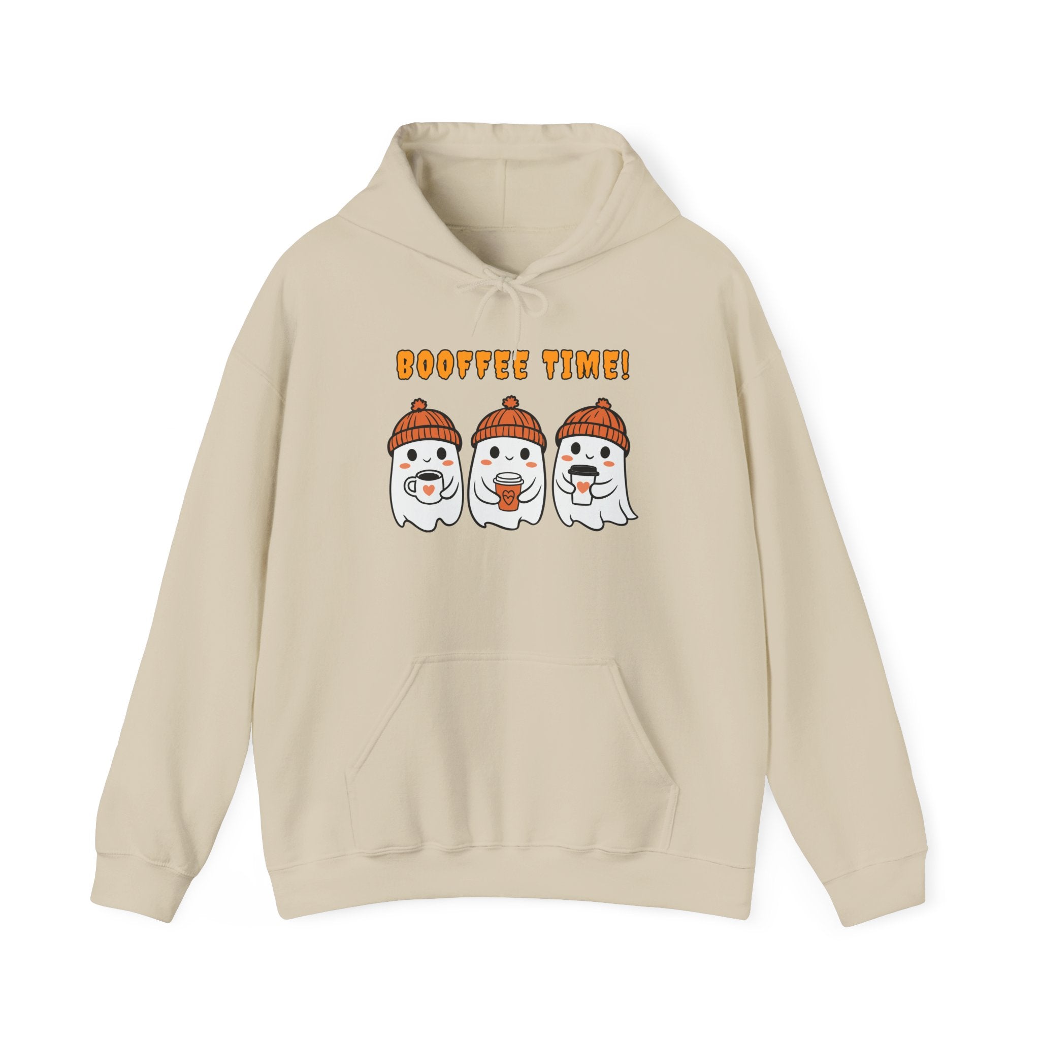 Beige hoodie with cartoon ghosts and 'Booffee Time!' text on a white background