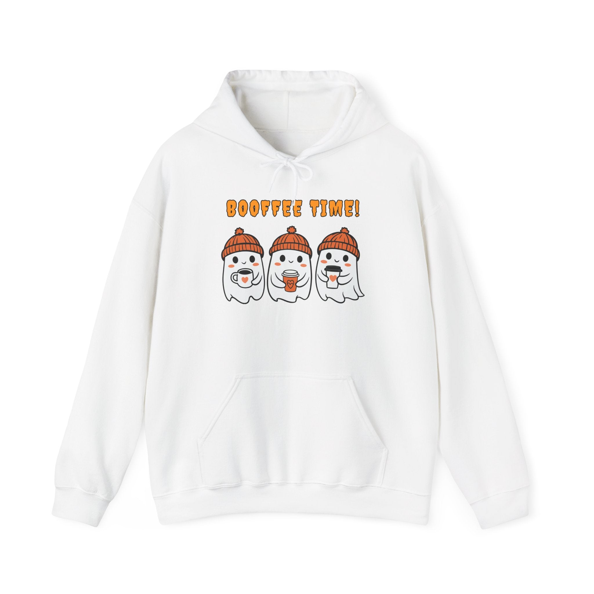 White hoodie with cartoon ghosts and 'Coffee Time!' text on a white background