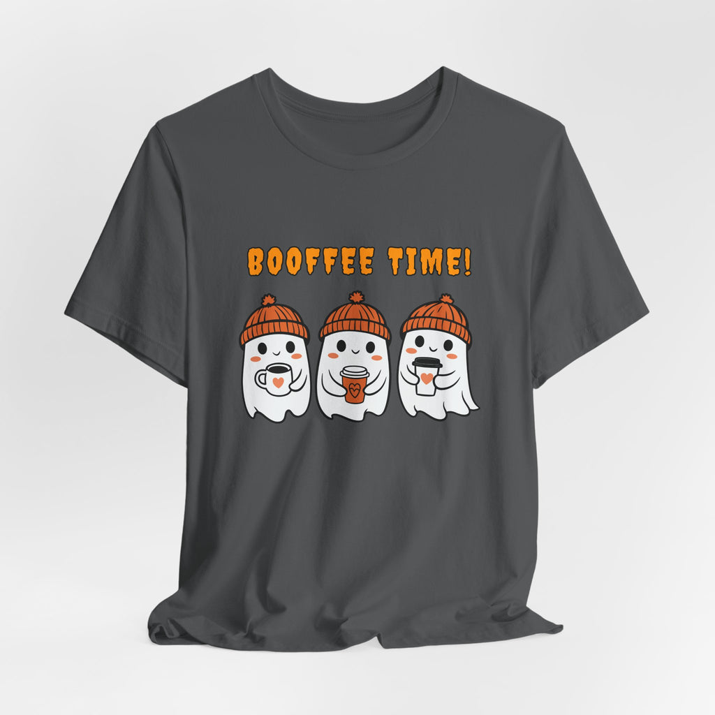 Asphalt gray t-shirt with cartoon ghosts and 'BOOFFEE TIME!' text on a white background