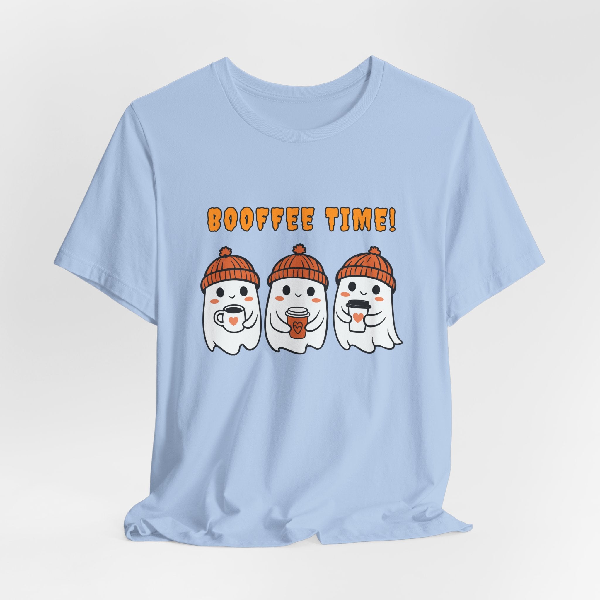 Light blue t-shirt with cartoon ghosts and 'Booffee Time!' text on a white background