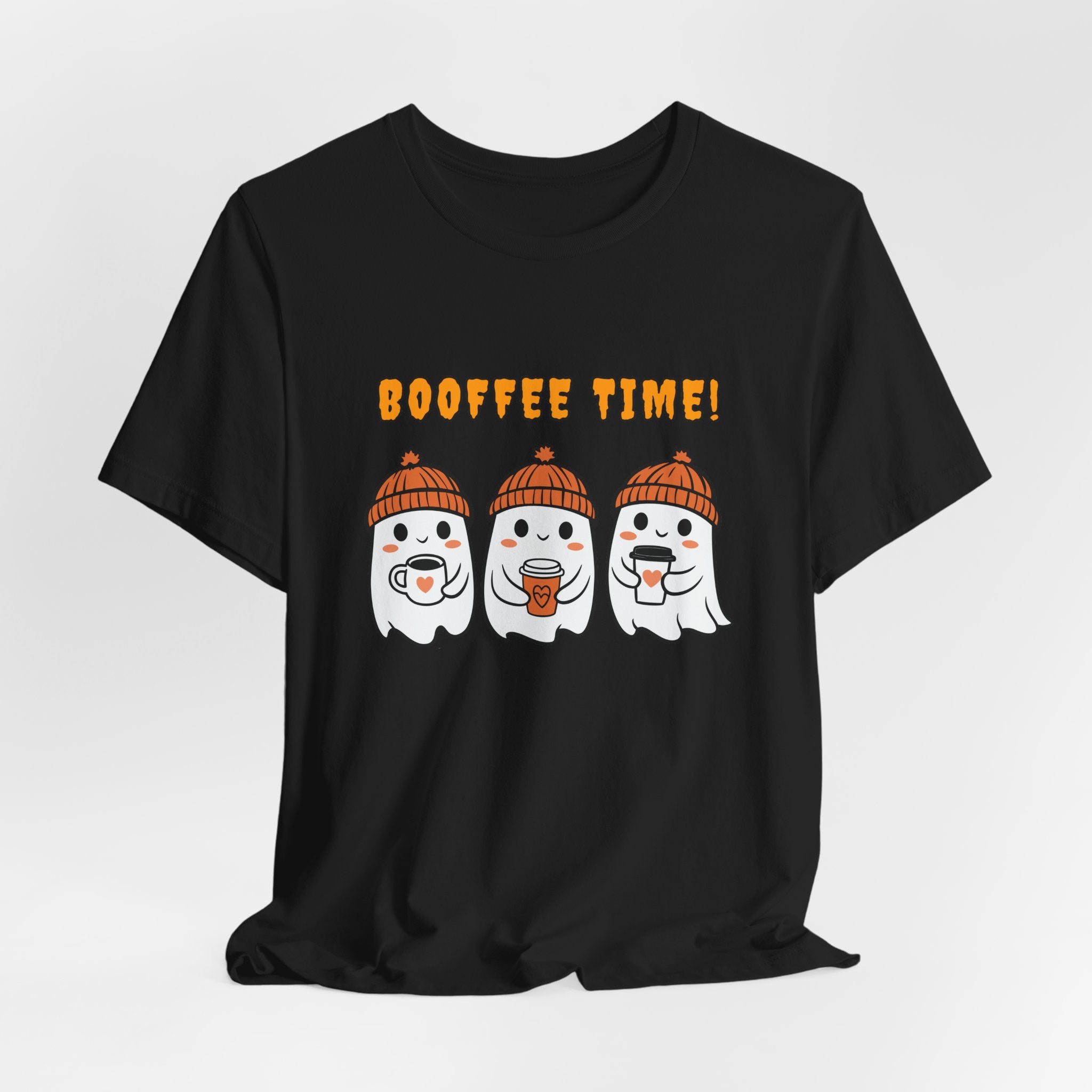 Black t-shirt with cartoon ghosts and 'BOOFFEE TIME!' text on a white background