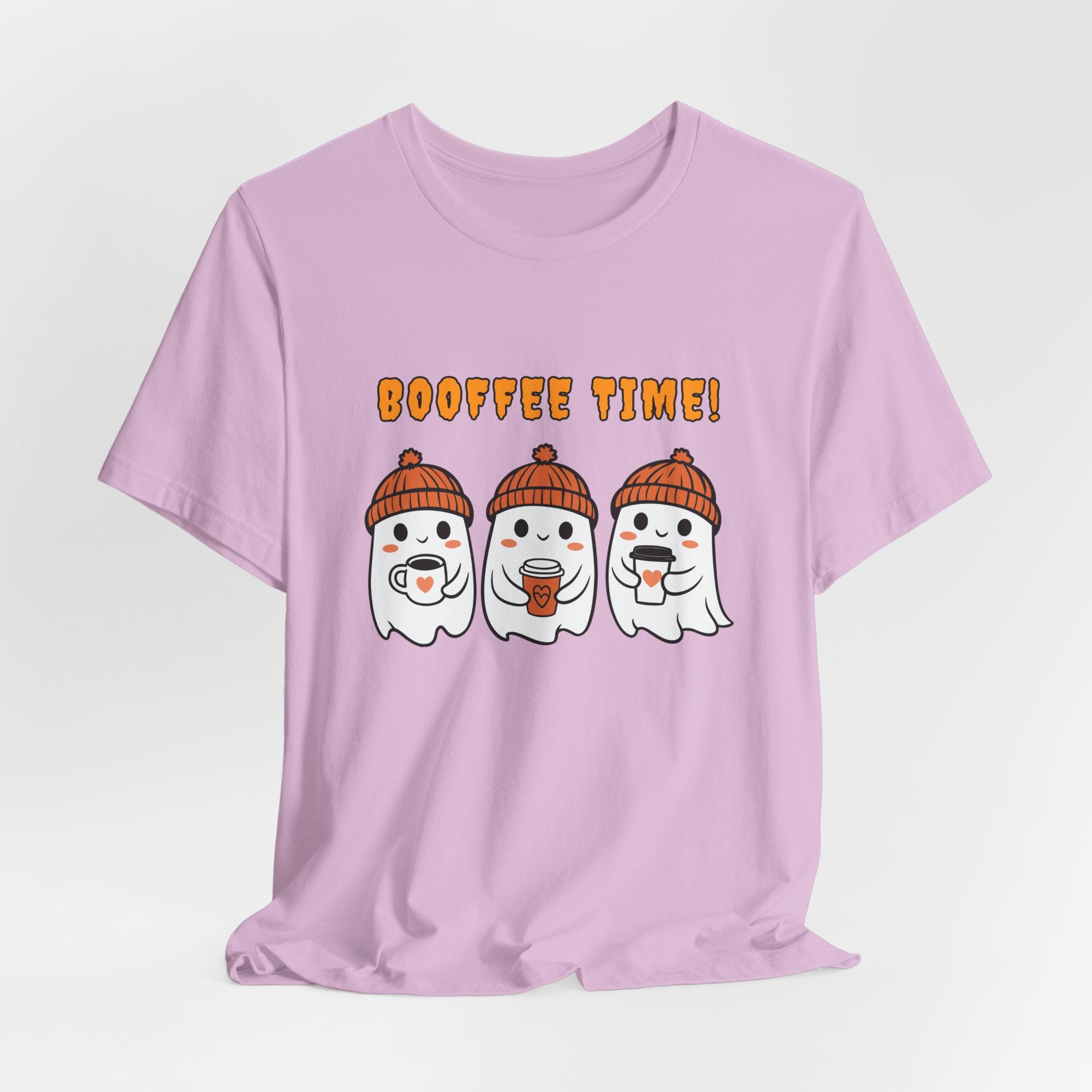 Lilac pink t-shirt with cartoon ghosts and 'Booffee Time!' text on a light gray background