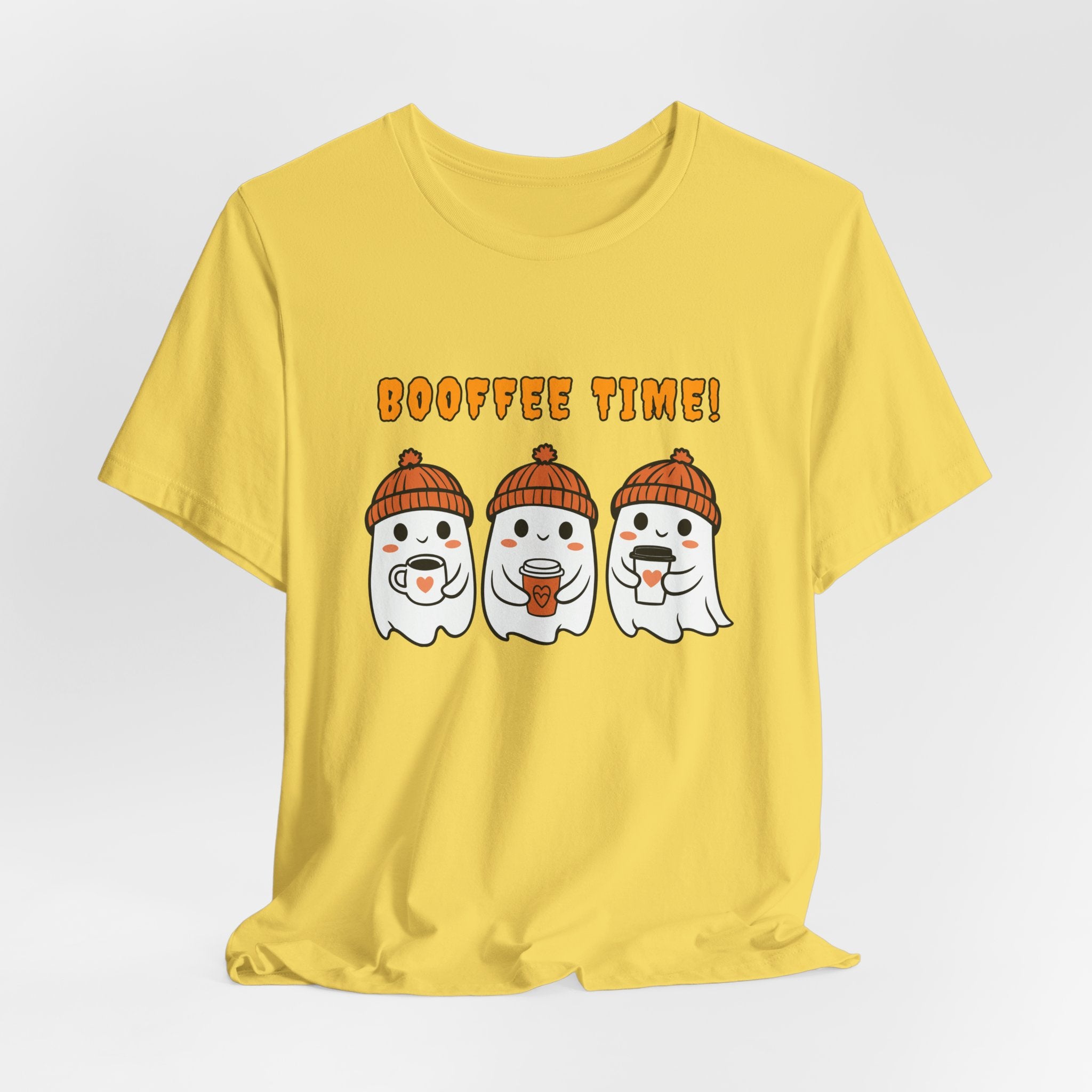 Maze yellow t-shirt with cartoon ghosts and 'Booffee Time!' text on a white background