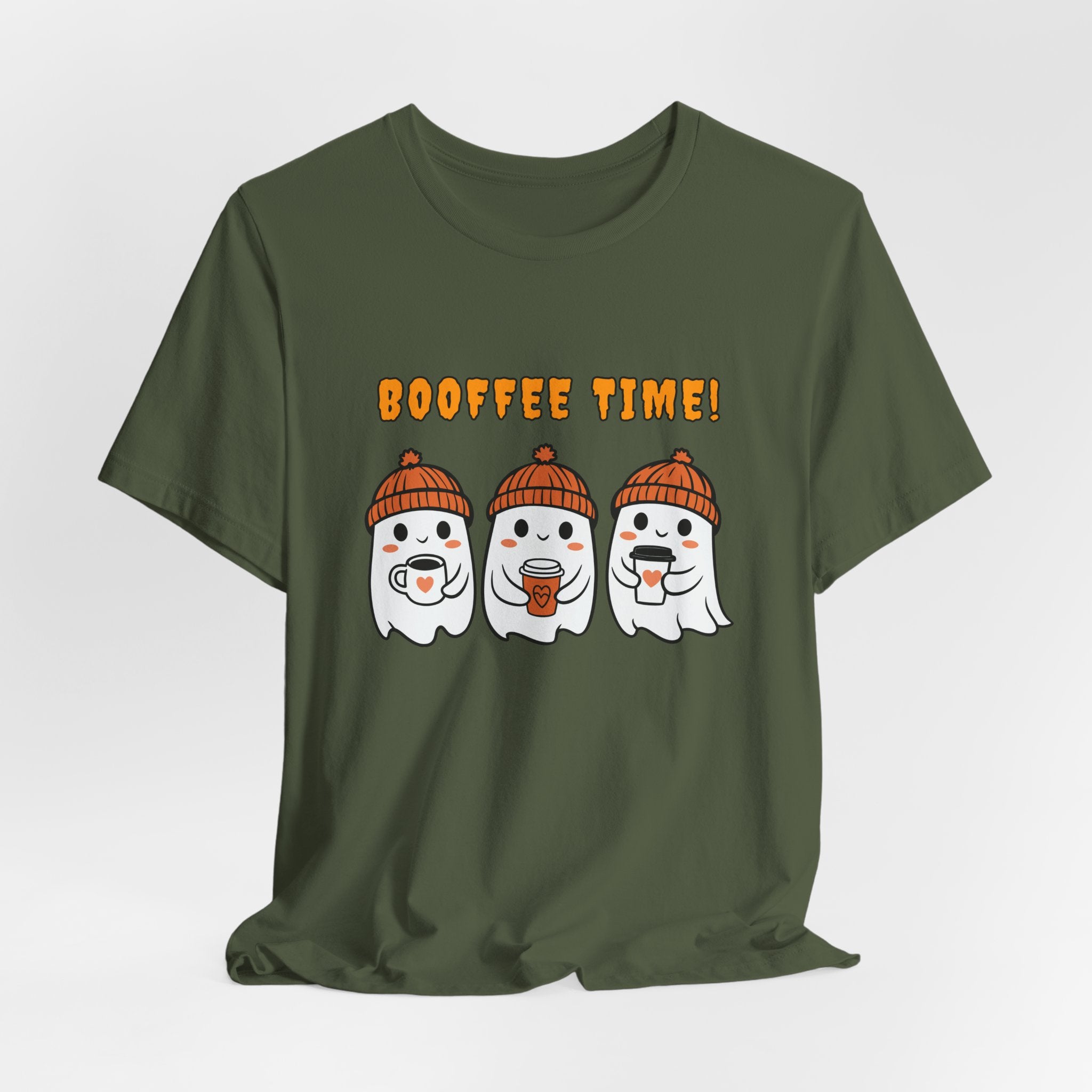 Military green t-shirt with cartoon ghosts and 'BOOFFEE TIME!' text on a white background