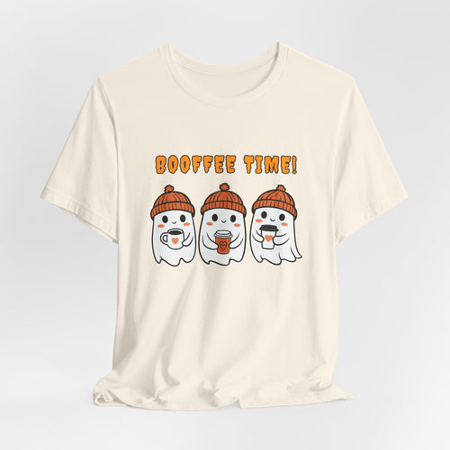 Natural beige t-shirt with cartoon ghosts wearing beanies and drinking coffee, and 'BOOFFEE TIME!' text.